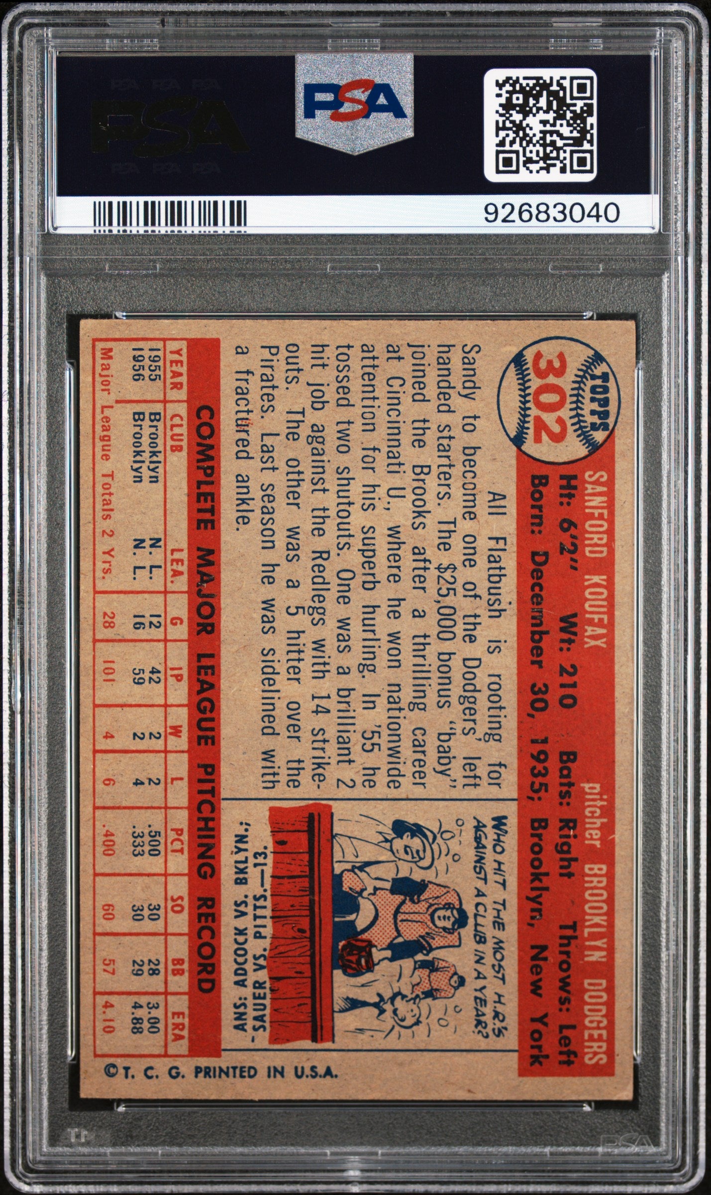 Sandy Koufax 1957 Topps #302 PSA 3 Very Good