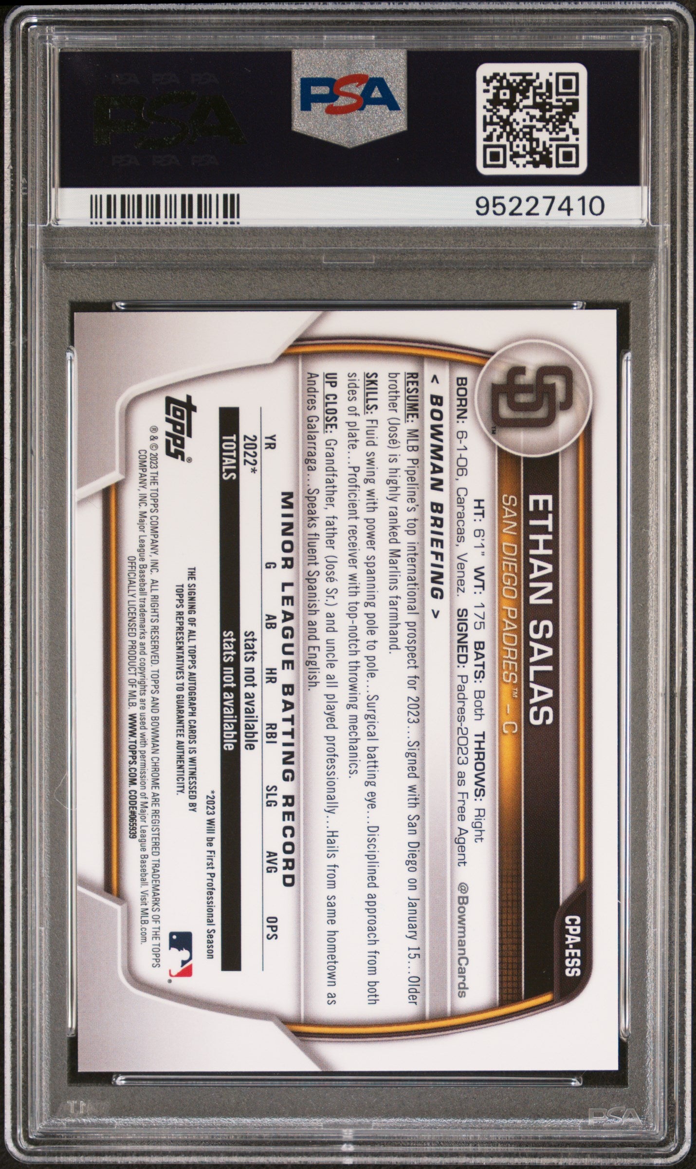 Ethan Salas 2023 Bowman Chrome Autograph PSA 10 Auto 10