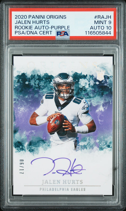 Jalen Hurts 2020 Panini Origins Rookie Auto Purple #6/17 PSA 9 Auto 10