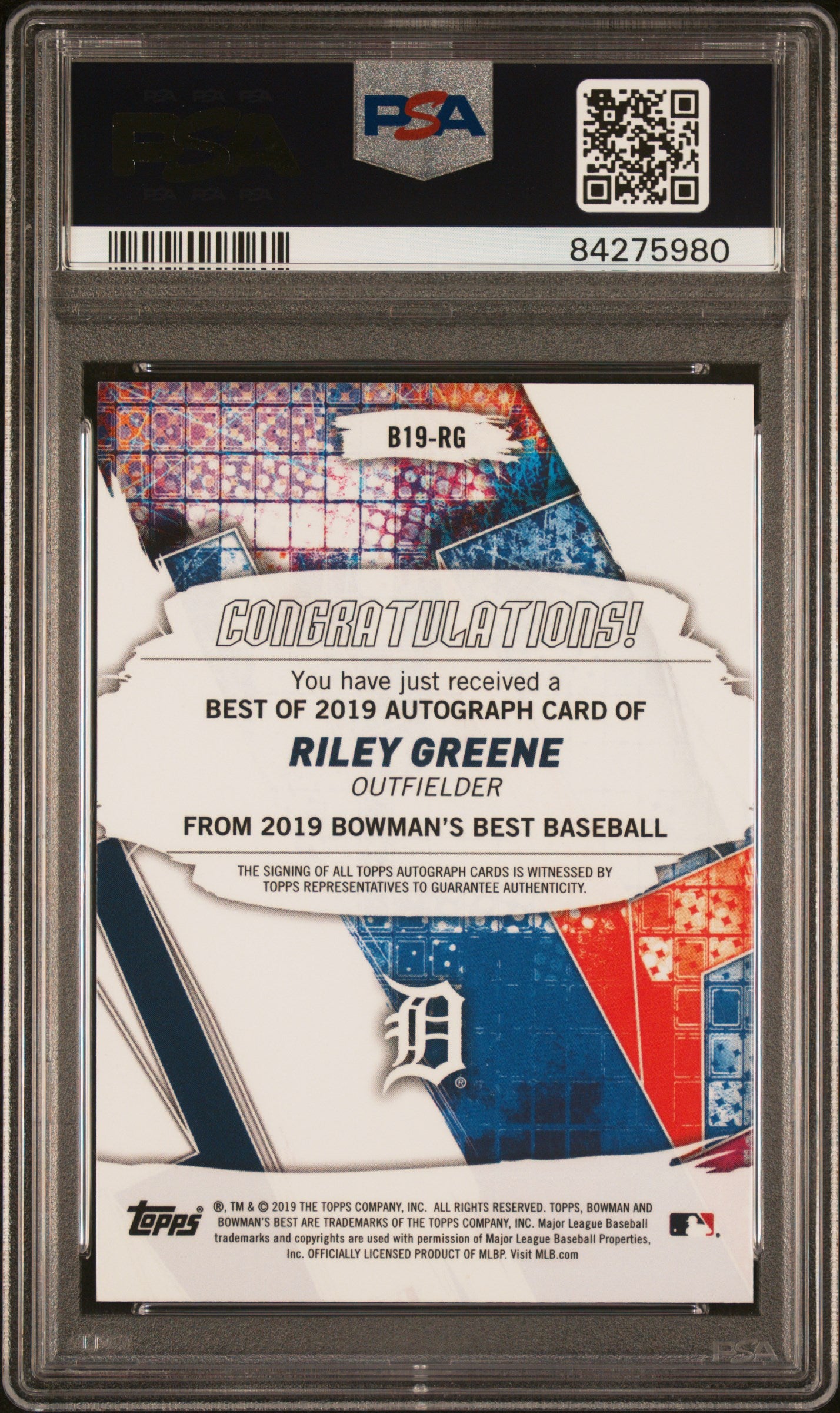 Riley Greene 2019 Bowmans Best Auto PSA 10 Auto 10