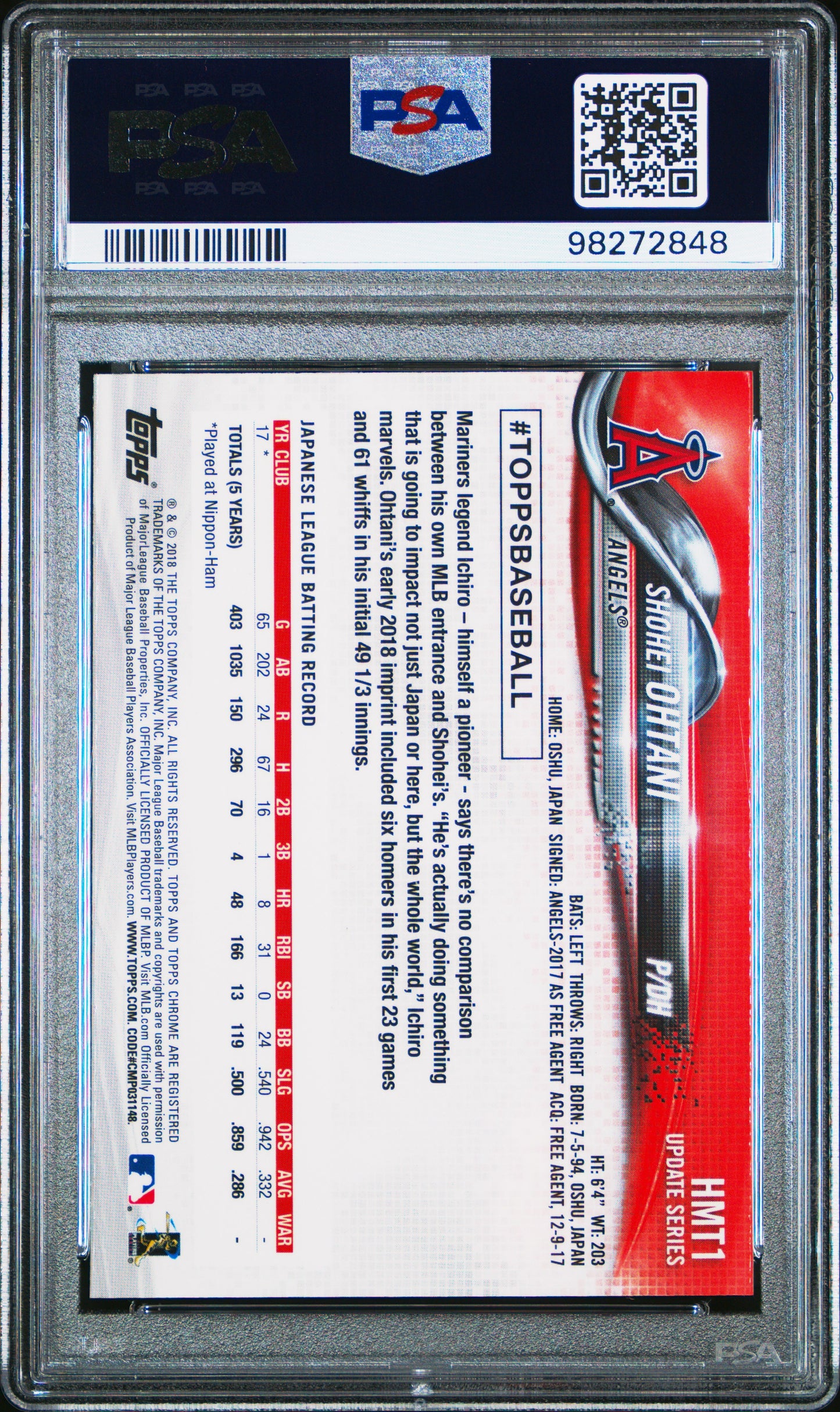 Shohei Ohtani 2018 Topps Chrome Update Rookie PSA 10 Gem Mint 2848