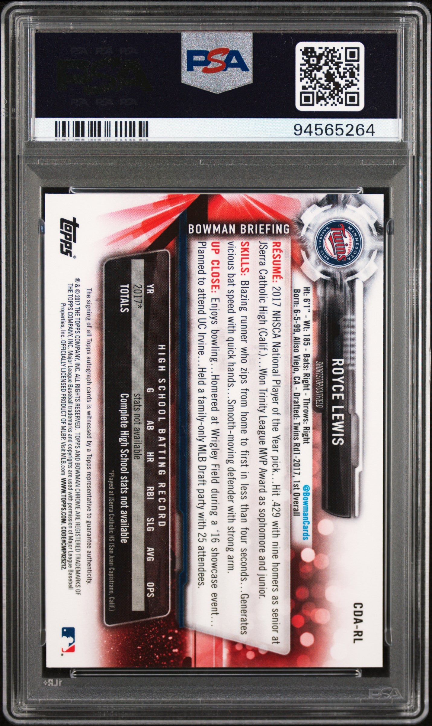 Royce Lewis 2017 Bowman Chrome Autograph PSA 10 Gem Mint
