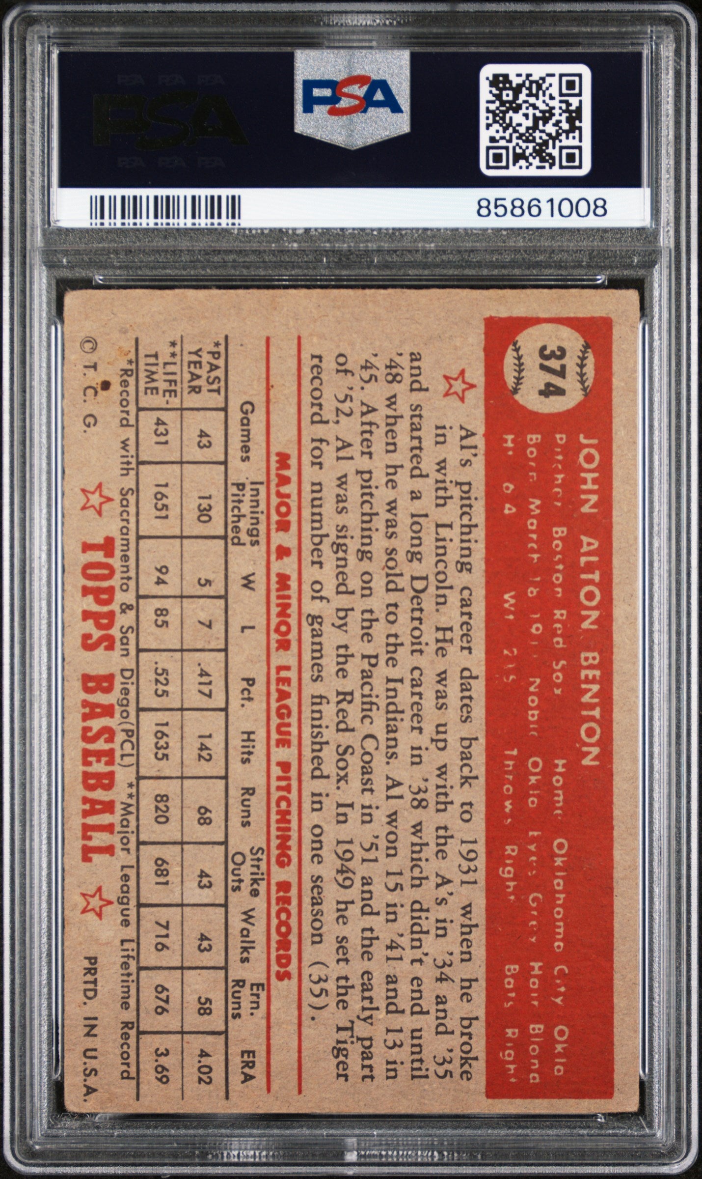 Al Benton 1952 Topps #374 PSA 3