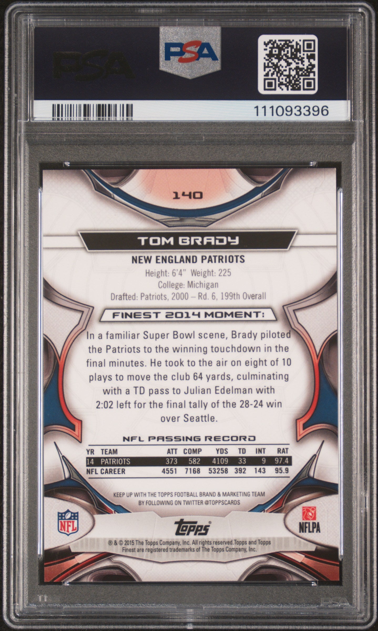 Tom Brady 2015 Topps Finest Pink Refractor #10/25 PSA 10 Gem Mint