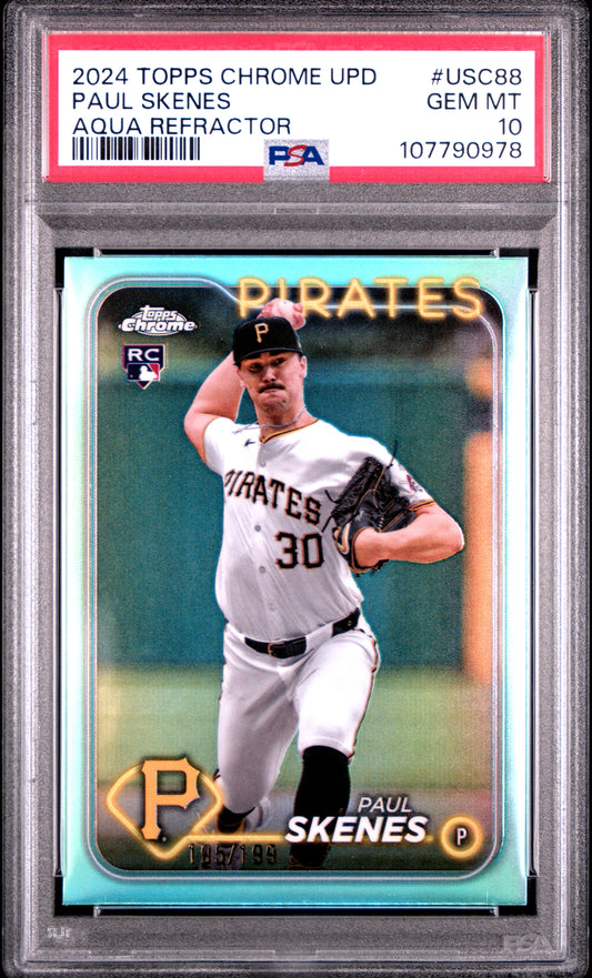 Paul Skenes 2024 Topps Chrome Update #USC88 Aqua Refractor #195/199 PSA 10 Gem Mint