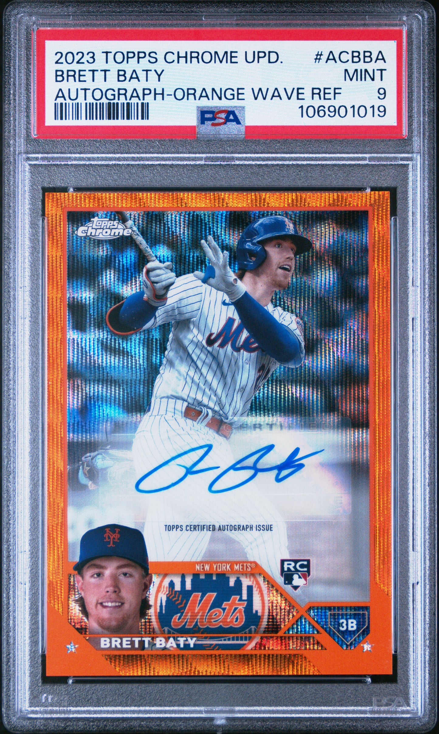 Brett Baty 2023 Topps Chrome Update Orange Wave Auto #21/25 PSA 9 Mint