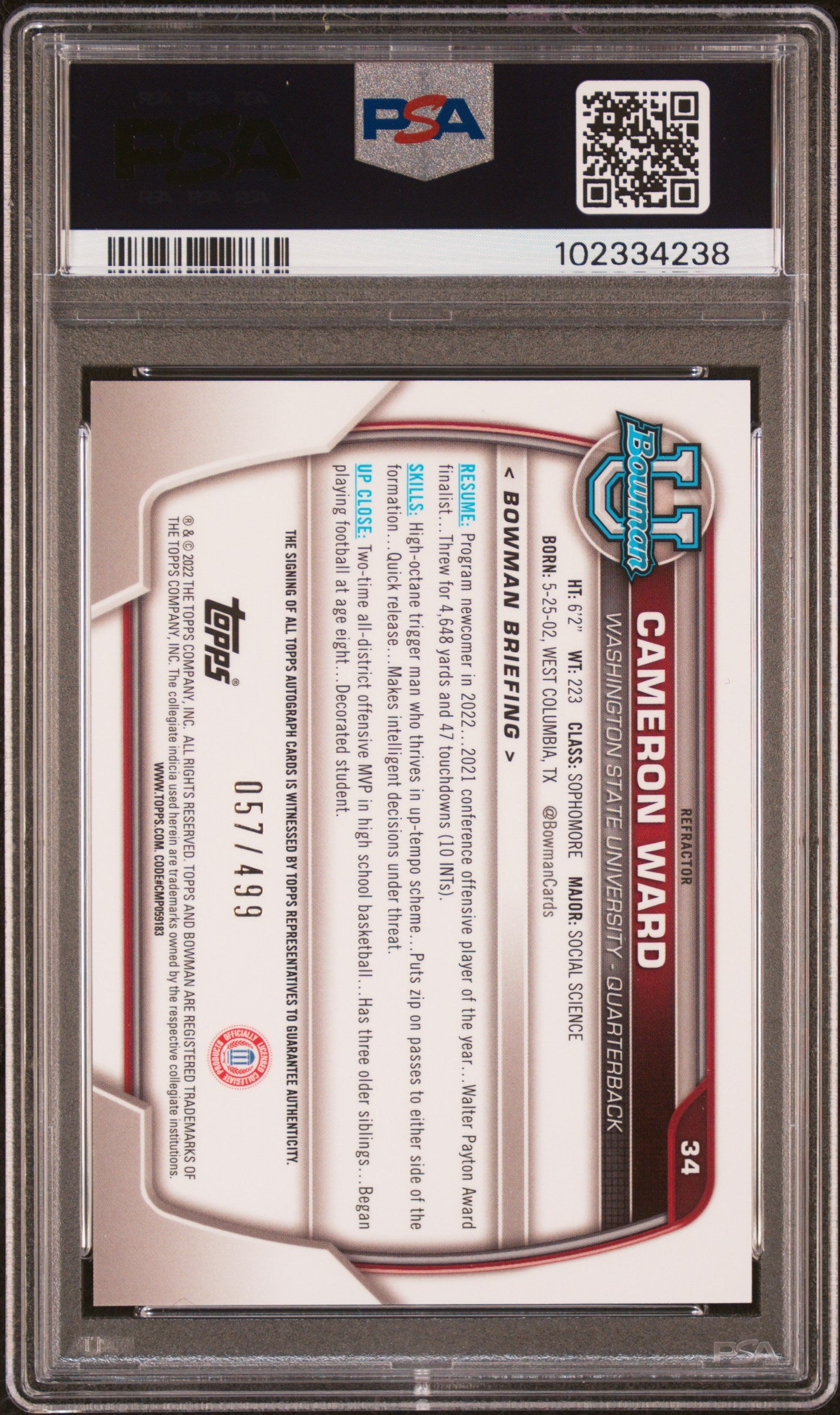 Cameron Ward 2022 Bowman Chrome University Refractor Auto PSA 10 Gem Mint