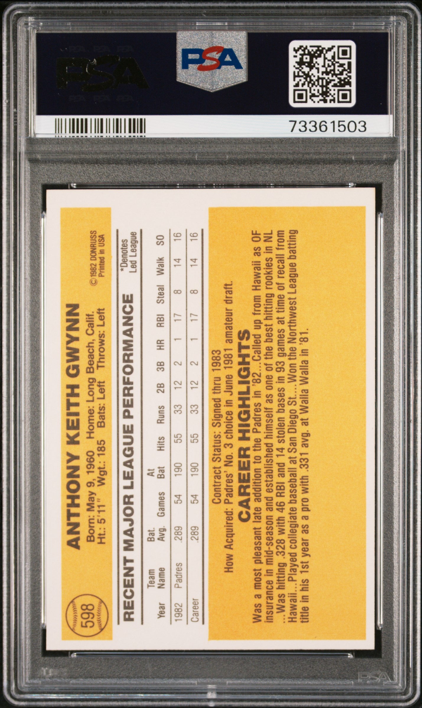 Tony Gwynn 1983 Donruss Rookie #596 PSA 10 Gem Mint