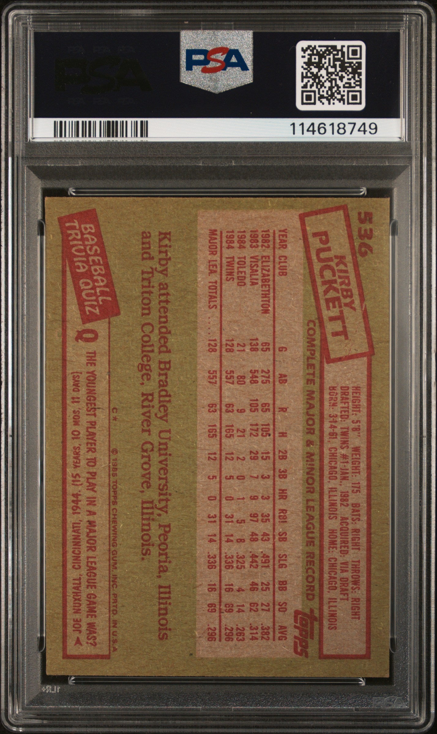 Kirby Puckett 1985 Topps Rookie #536 PSA Authentic