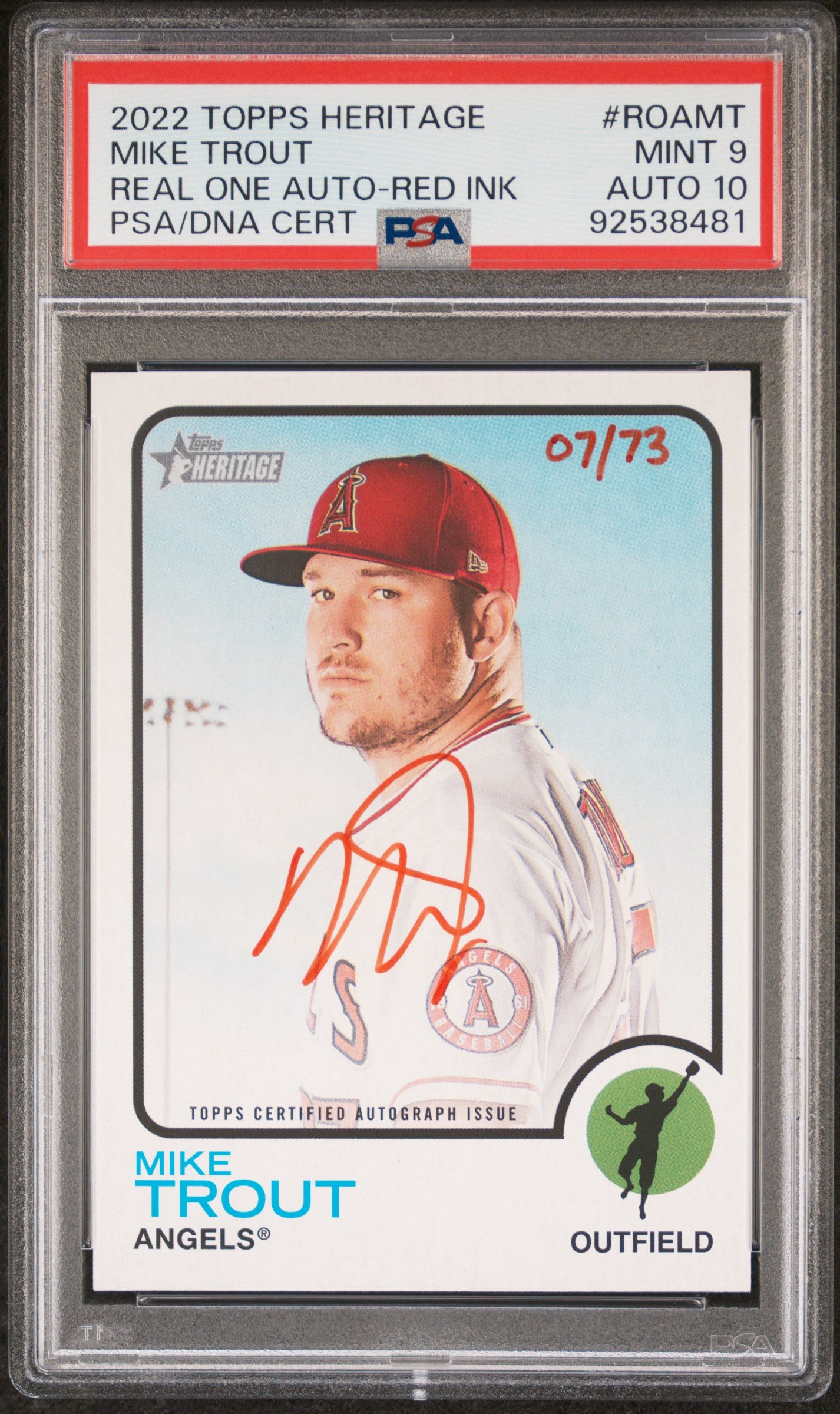 Mike Trout 2022 Topps Heritage Real One Red Ink Auto #7/73 PSA 9 