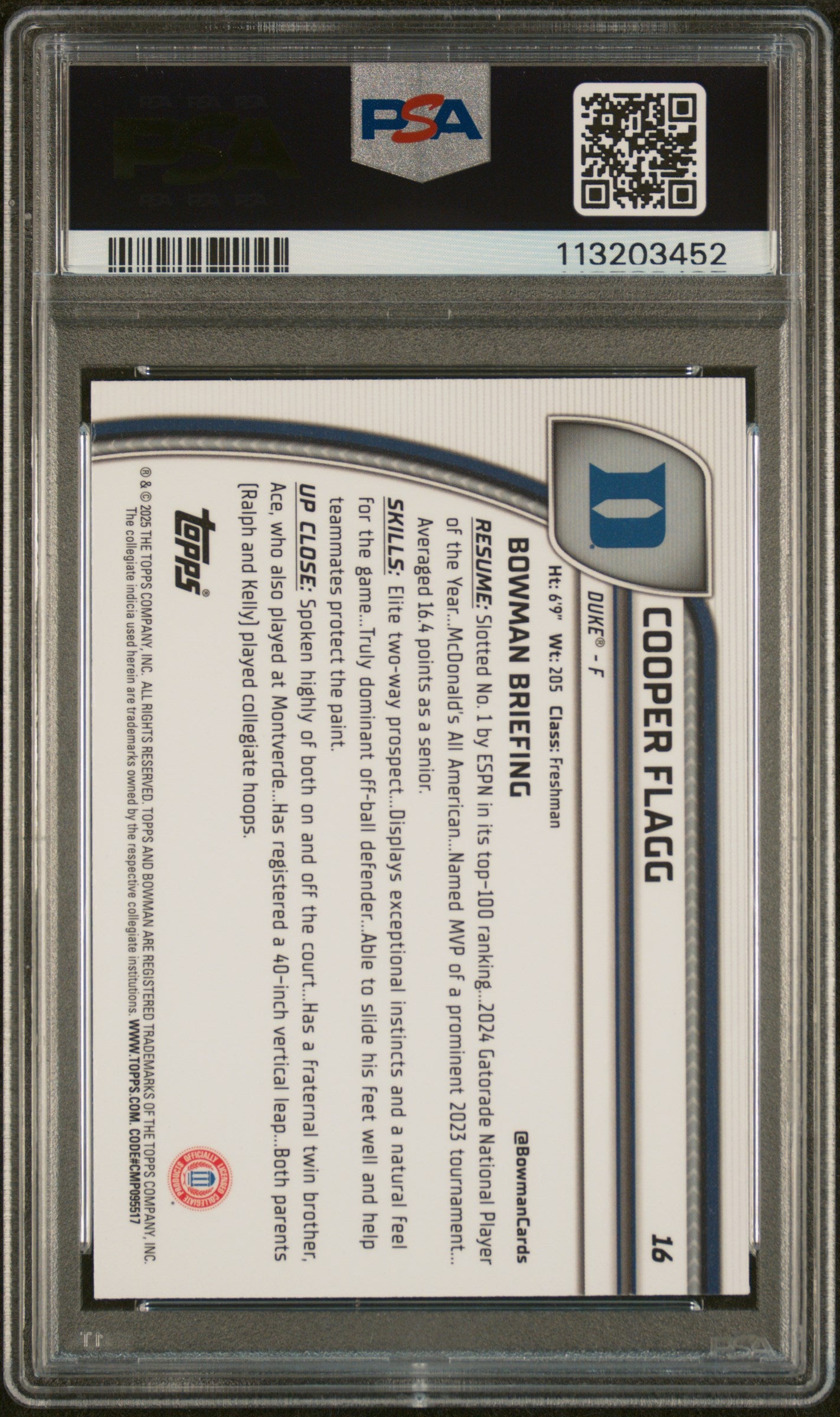 Cooper Flagg 2024 Bowman Chrome University Purple Lava PSA 10 Gem Mint