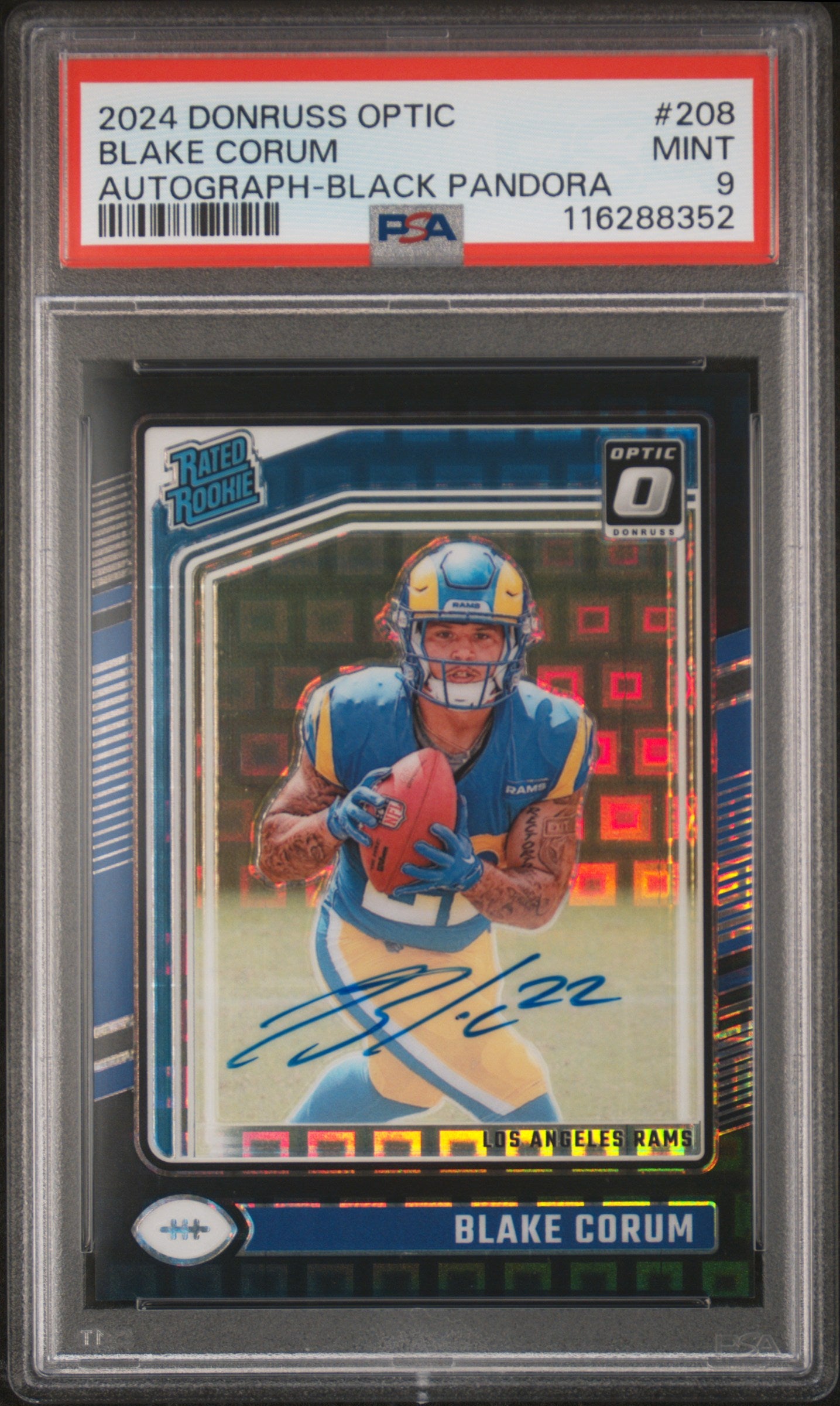 Blake Corum 2024 Donruss Optic Rookie Auto Black Pandora #1/25 PSA 9 Mint