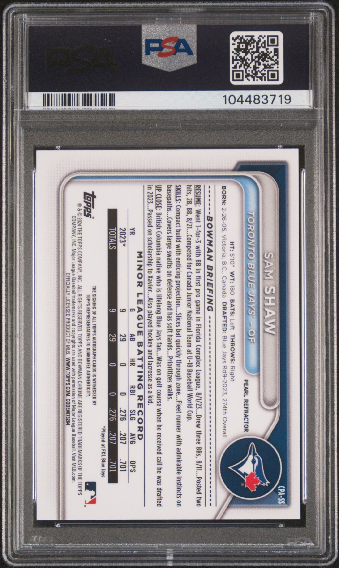 Sam Shaw 2024 Bowman Chrome Pearl Refractor Auto #7/10 PSA 10 Auto 10