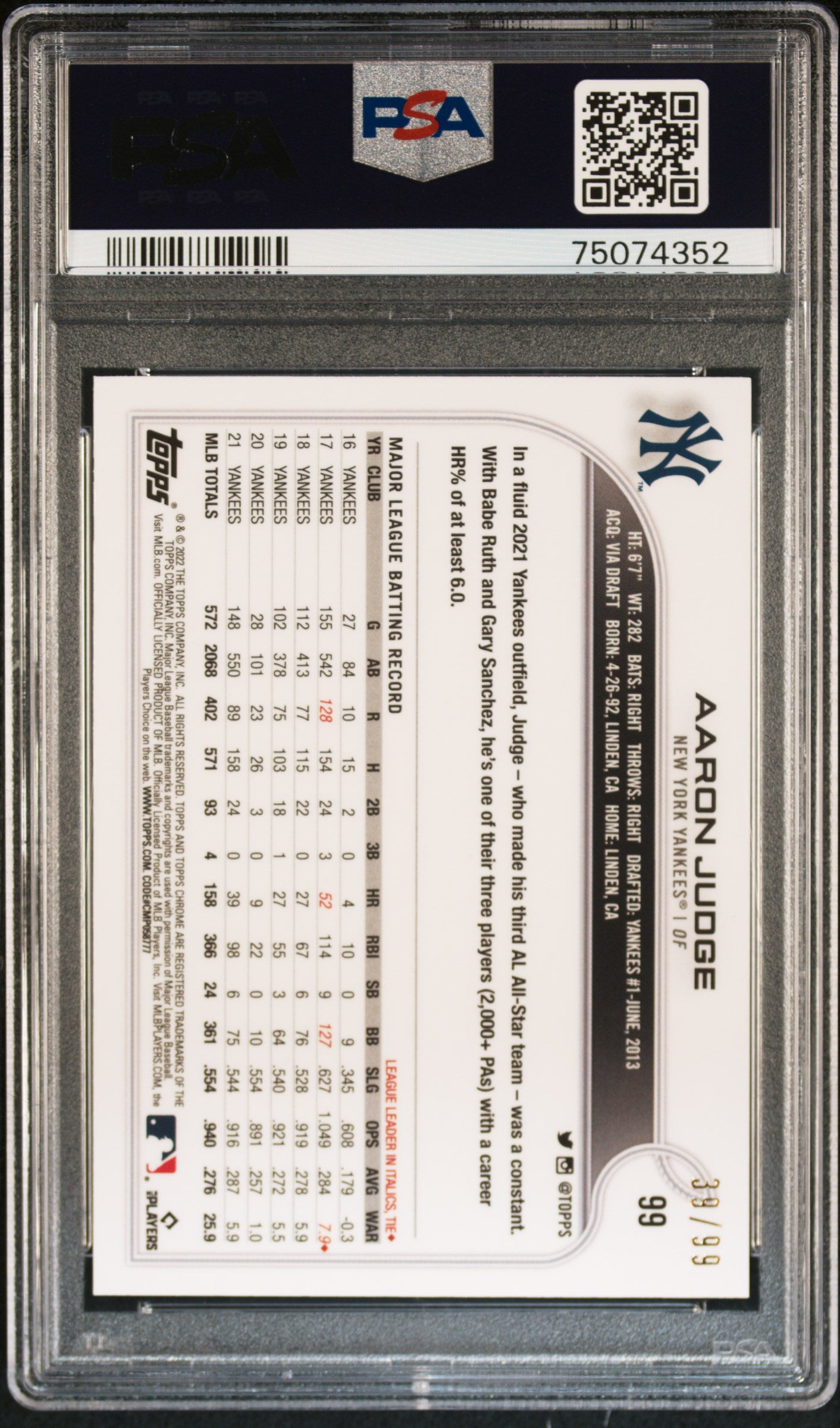 Aaron Judge 2022 Topps Ben Baller Chrome #99 Green Refractor PSA 10 Gem Mint