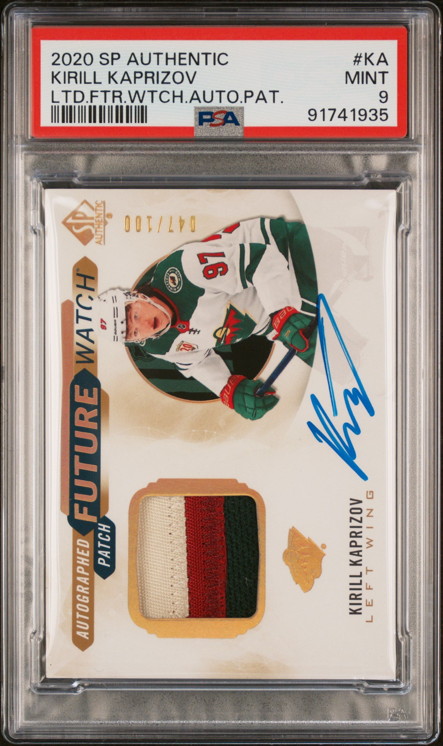 Kirill Kaprizov 2020 Upper Deck SP Authentic Rookie Patch Auto #47/100 PSA 9 Mint