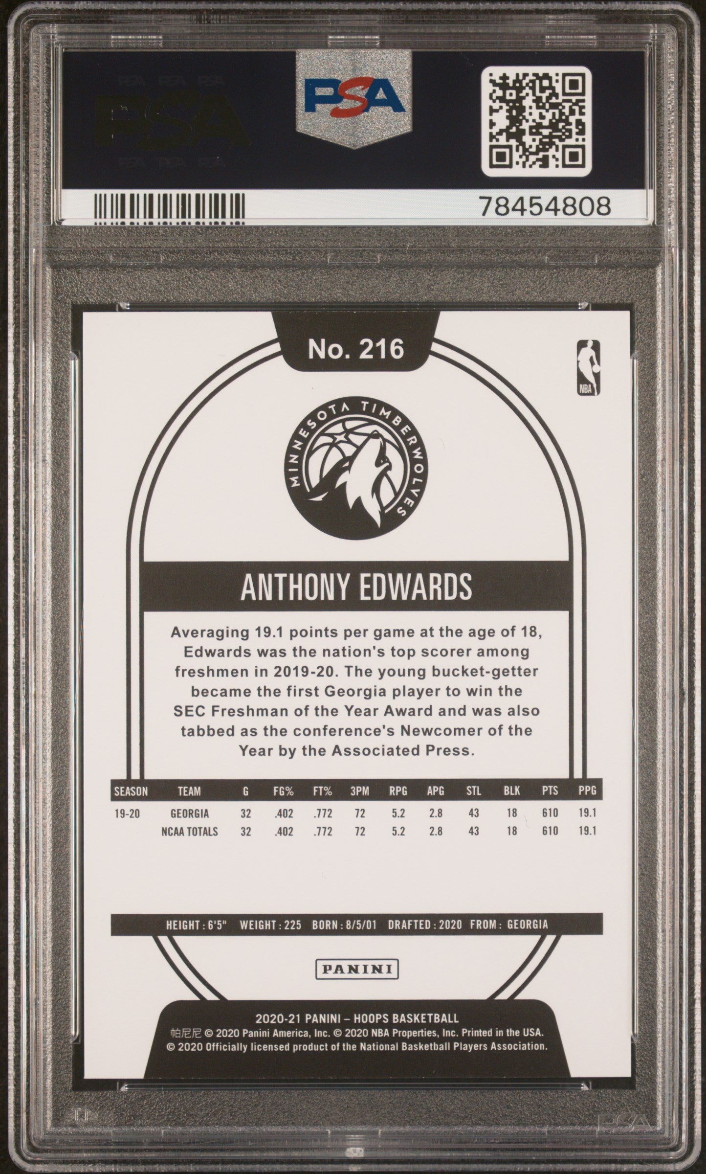 Anthony Edwards 2020 Hoops Purple Winter #216 PSA 10 Gem Mint
