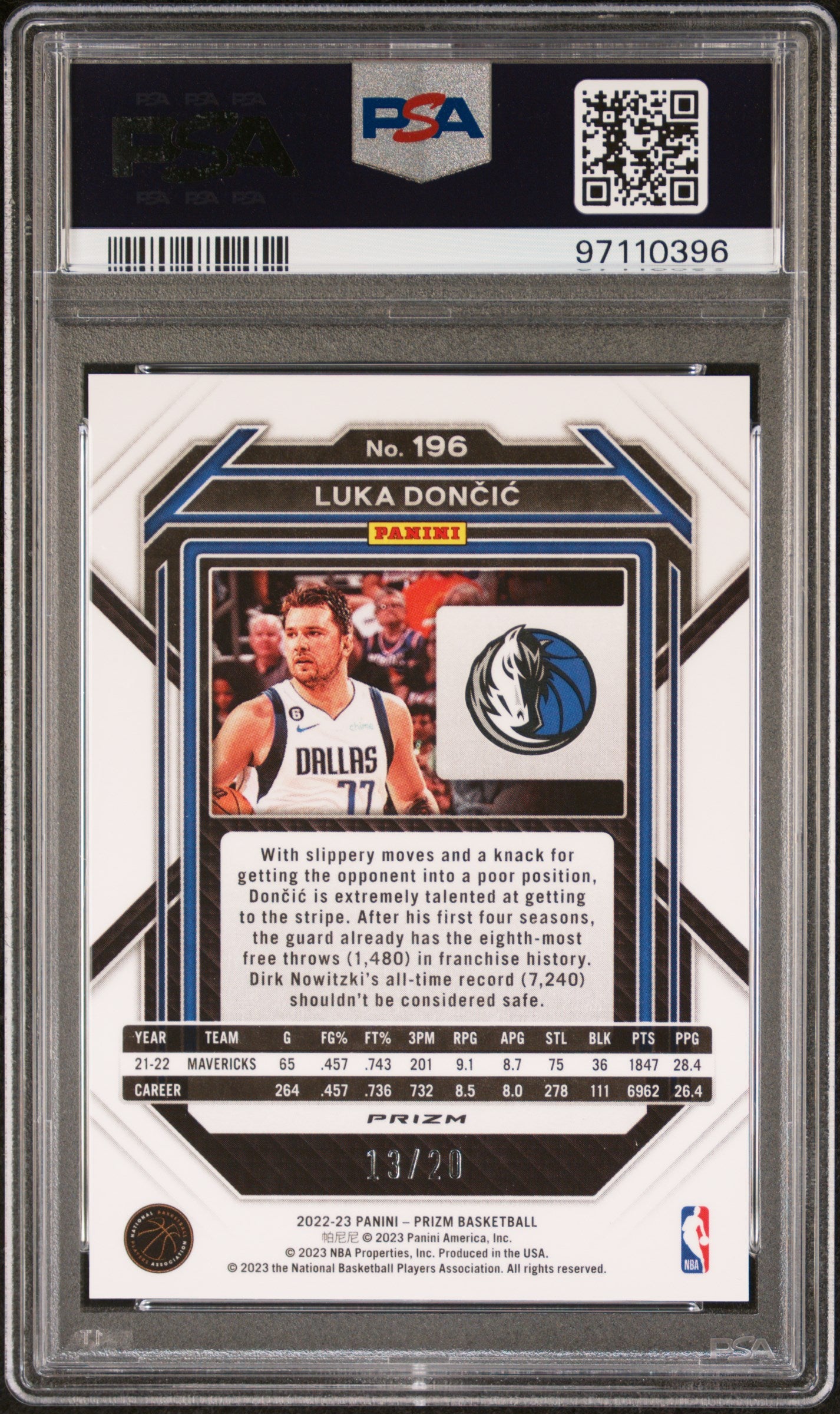 Luka Doncic 2022 Panini Prizm #196 Fast Break Bronze #13/20 PSA 9 Mint