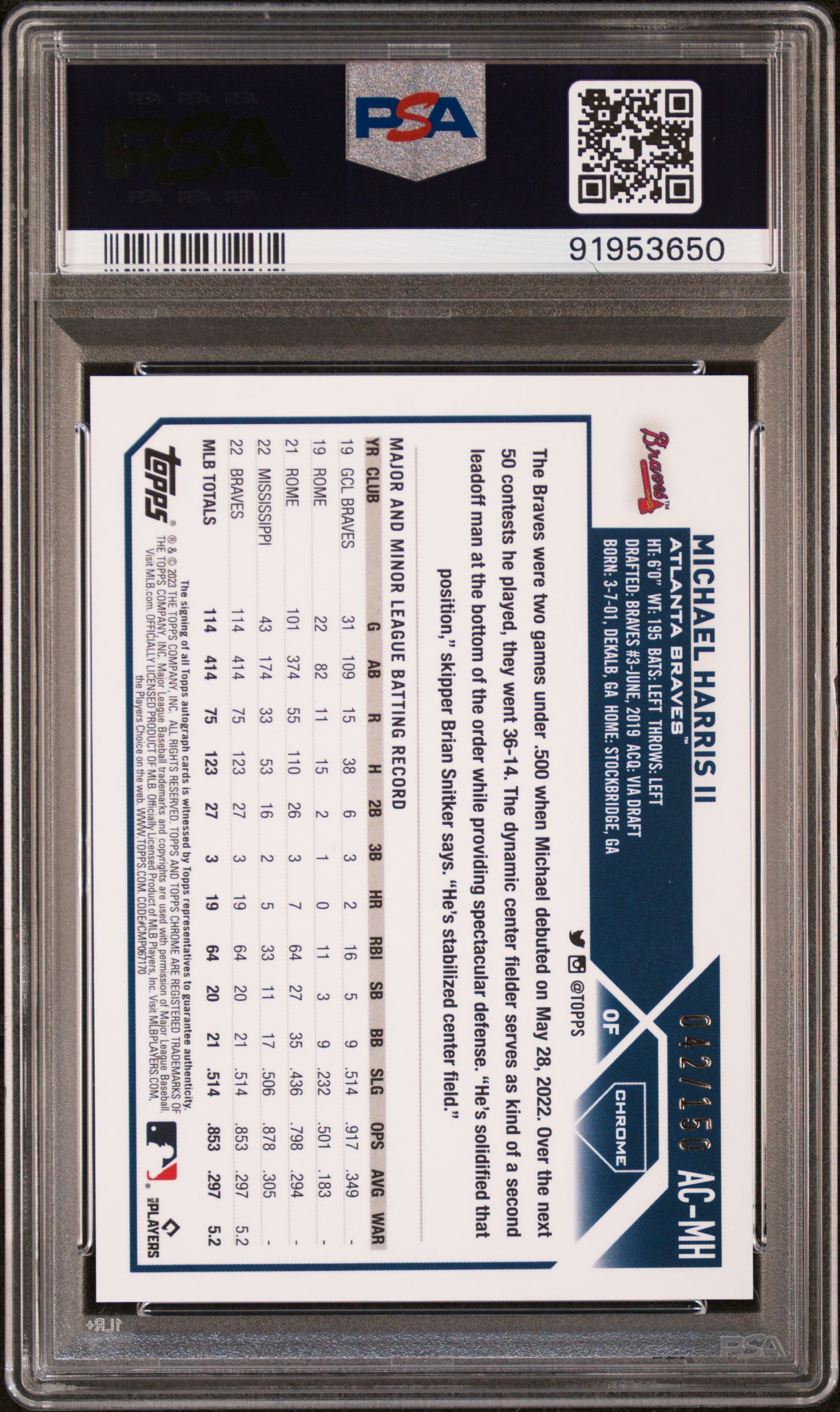 Michael Harris II 2023 TOpps Chrome Update Blue Raywave Auto #42/150 PSA 10 Gem Mint