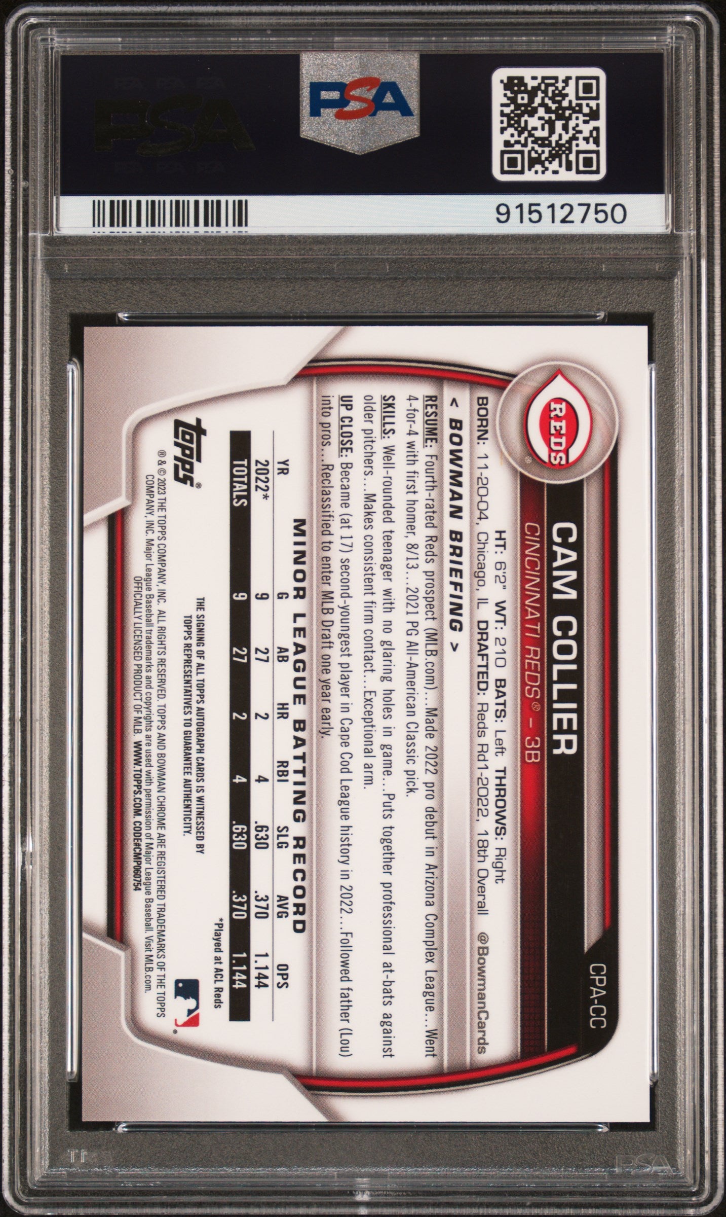 Cam Collier 2023 Bowman Chrome Autograph Blue Crater #7/150 PSA 10 Auto 10