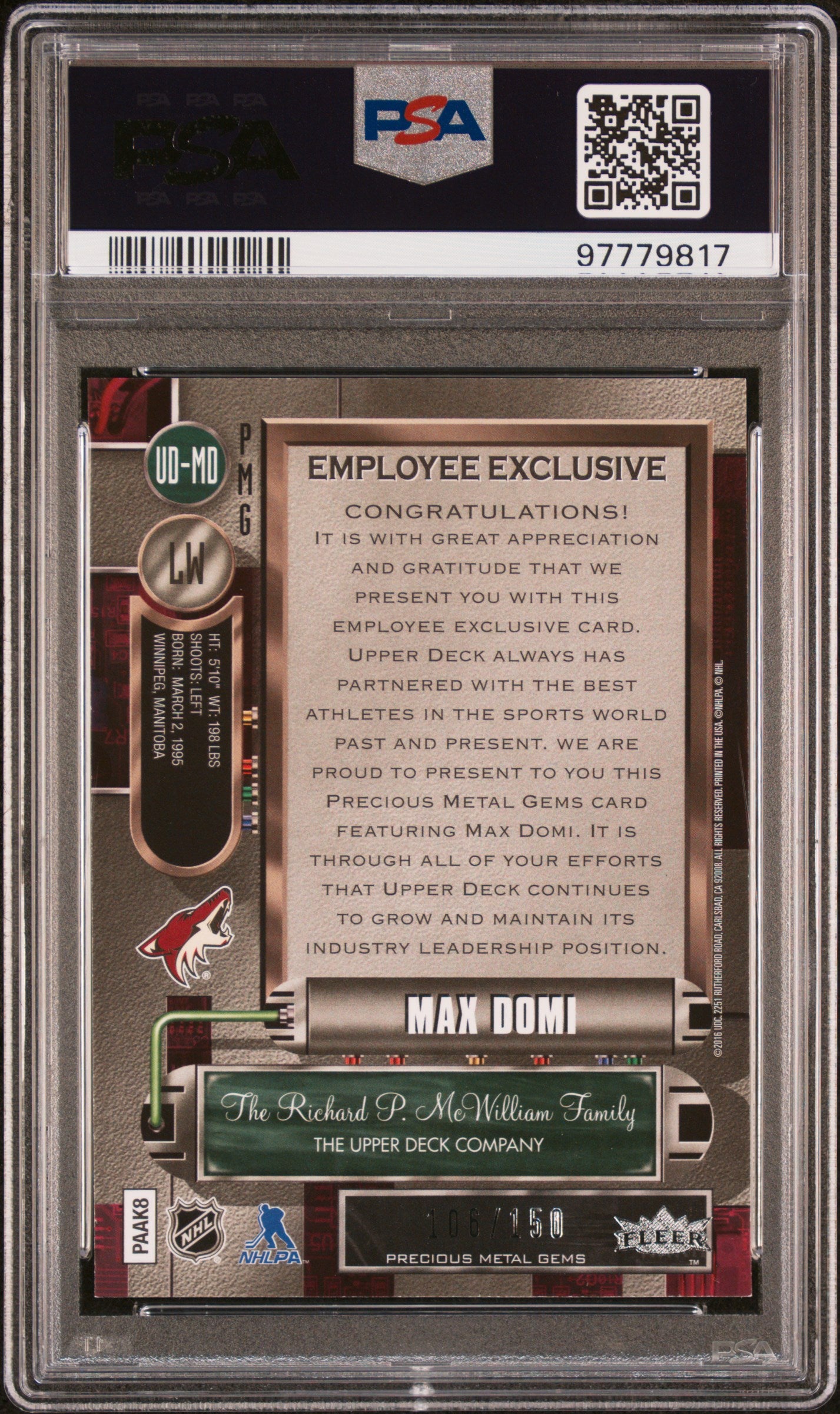 Max Domi 2015 Upper Deck Employee Precious Metal Gems Purple #106/175 PSA 8 Nm-Mint