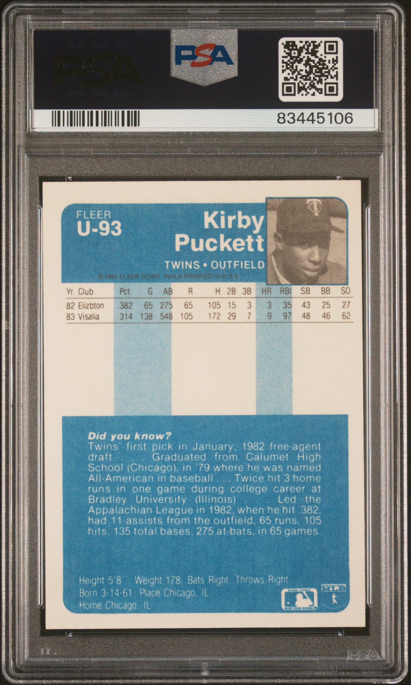 Kirby Puckett 1984 Fleer Update Rookie #U-93 PSA 9 Mint 5106