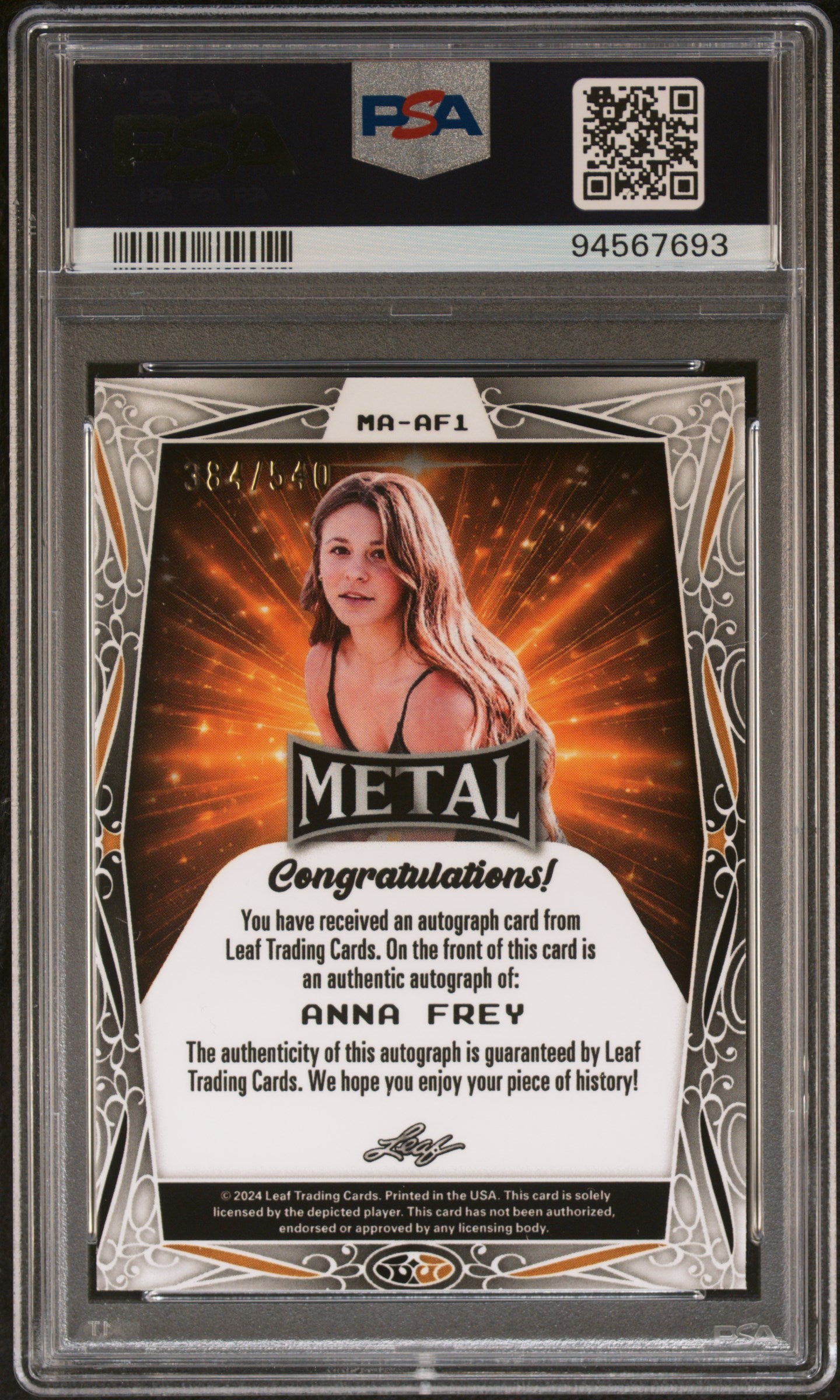 Anna Frey 2024 Leaf Web Exclusives Metal Autographs #384/540 PSA 10 Gem Mint