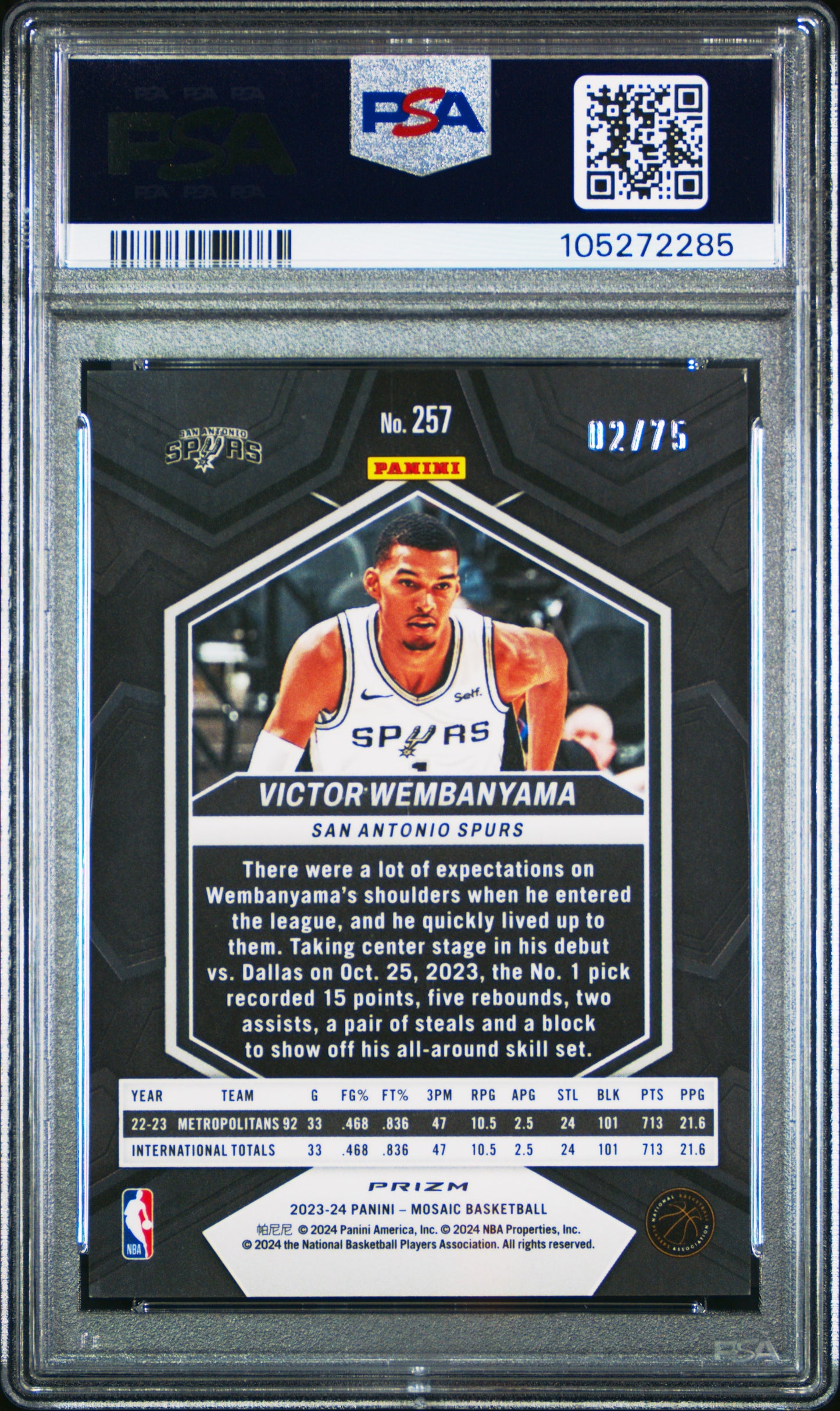 Victor Wembanyama 2023 Panini Mosaic International Red #2/75 PSA 9 Mint