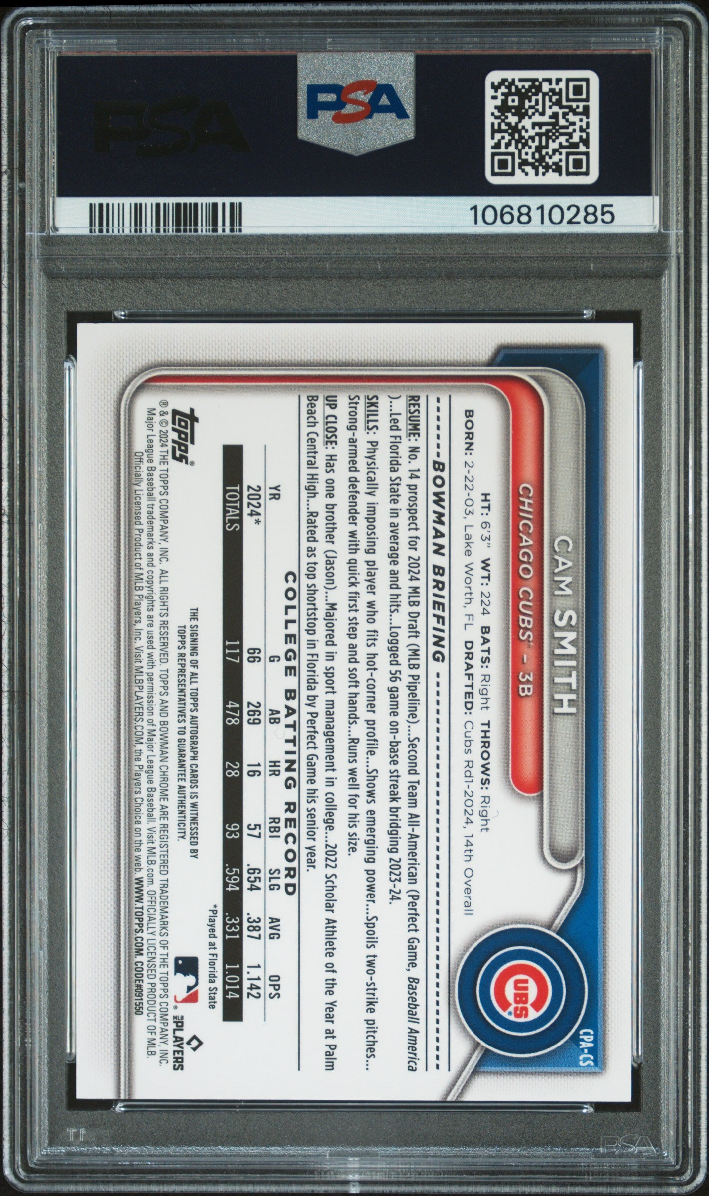 Cam Smith 2024 Bowman Draft Sapphire Autograph #52/199 PSA 9 Auto 10