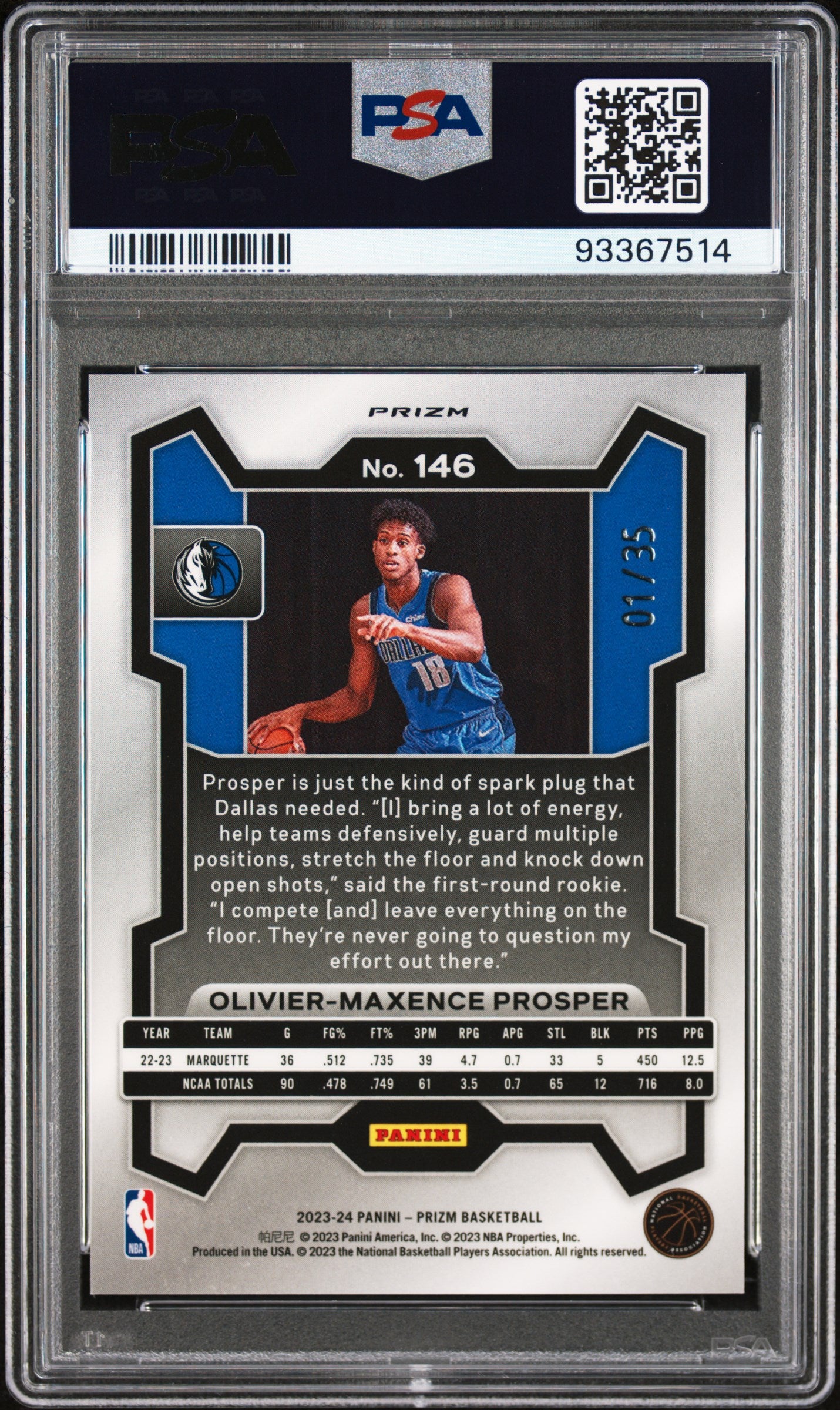 Olivier-Maxence Prosper 2023 Panini Prizm Blue Shimmer #1/35 PSA 10 Gem Mint