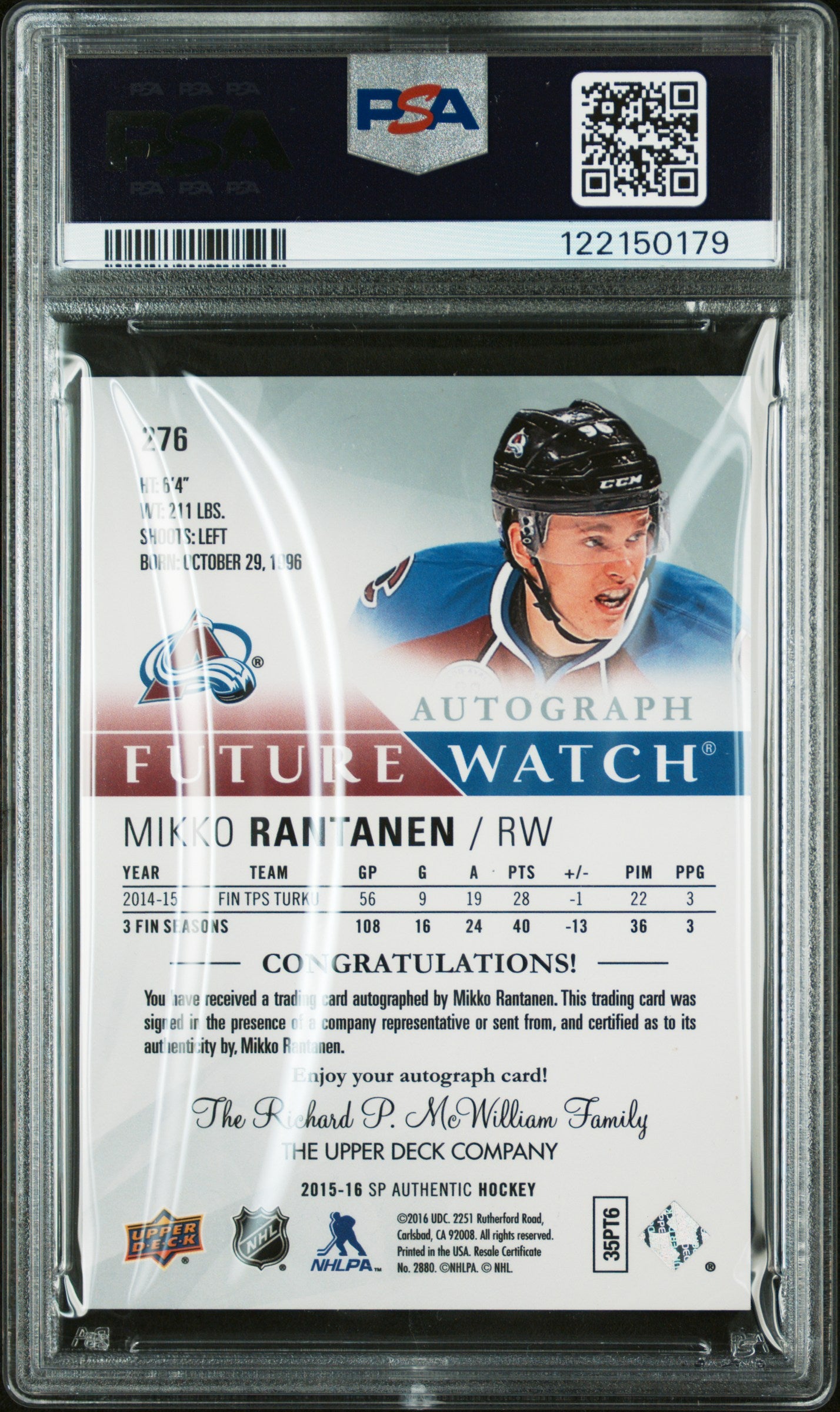 Mikko Rantanen 2015 Upper Deck SP Authentic Rookie Auto #374/999 PSA 9 Mint