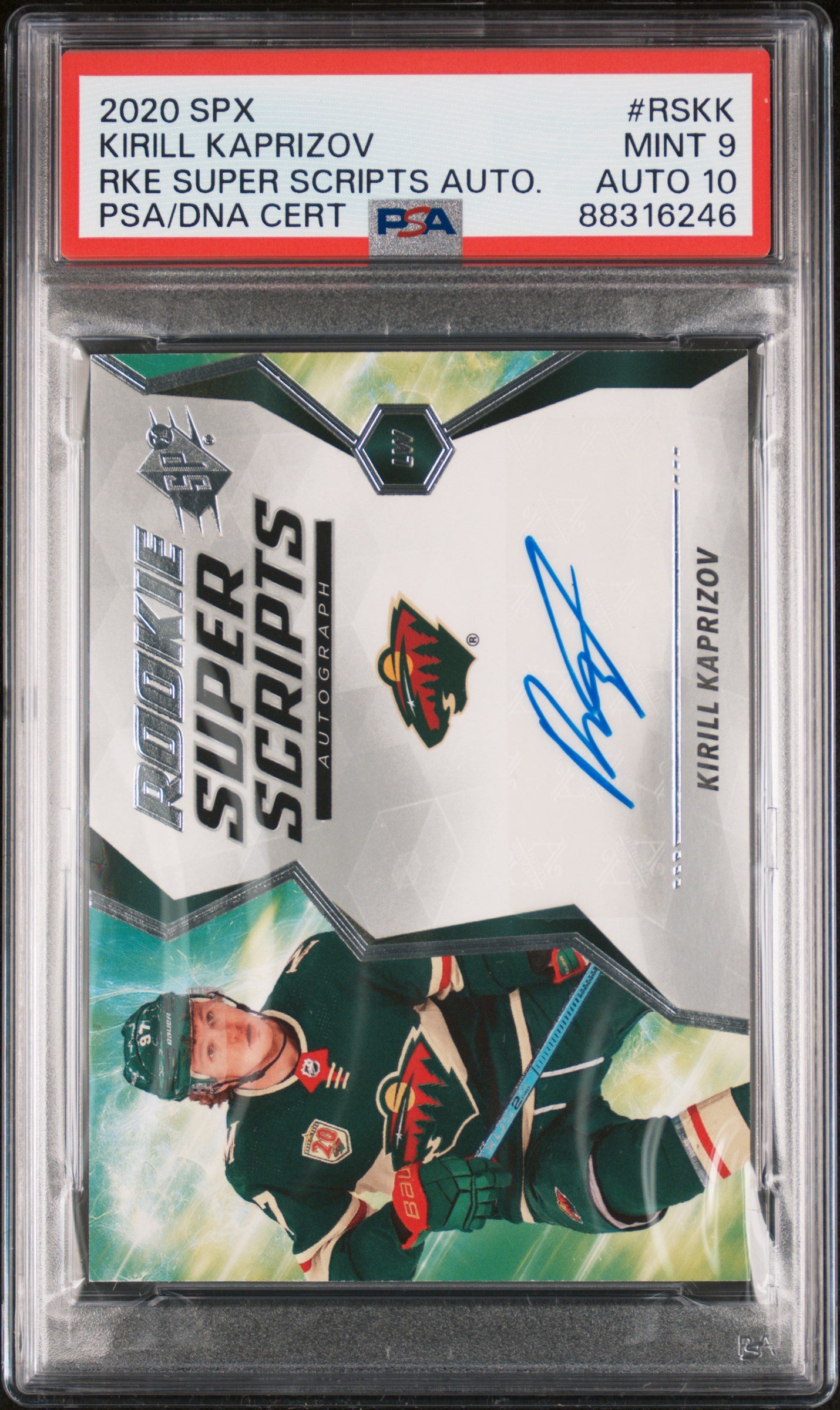Kirill Kaprizov 2020 Upper Deck PSX Rookie Super Scripts Auto PSA 9 Auto 10