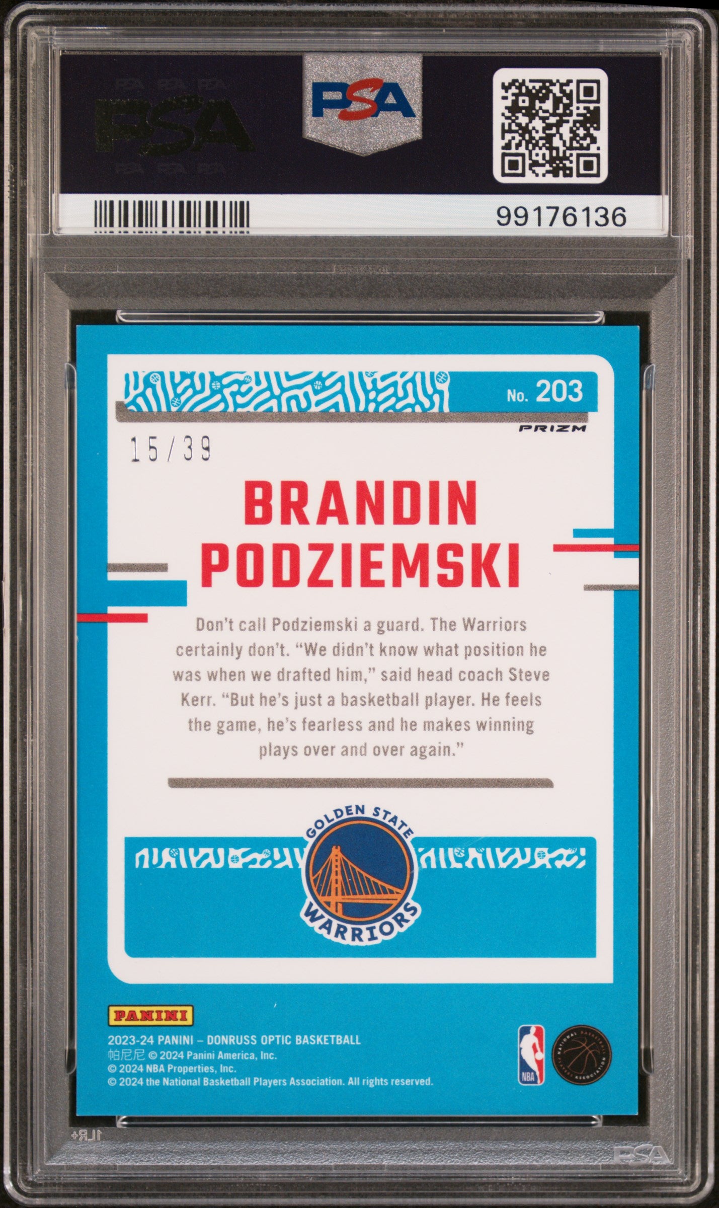 Brandon Podziemski 2023 Donruss Optic #203 Black Velocity #15/39 PSA 9 Mint