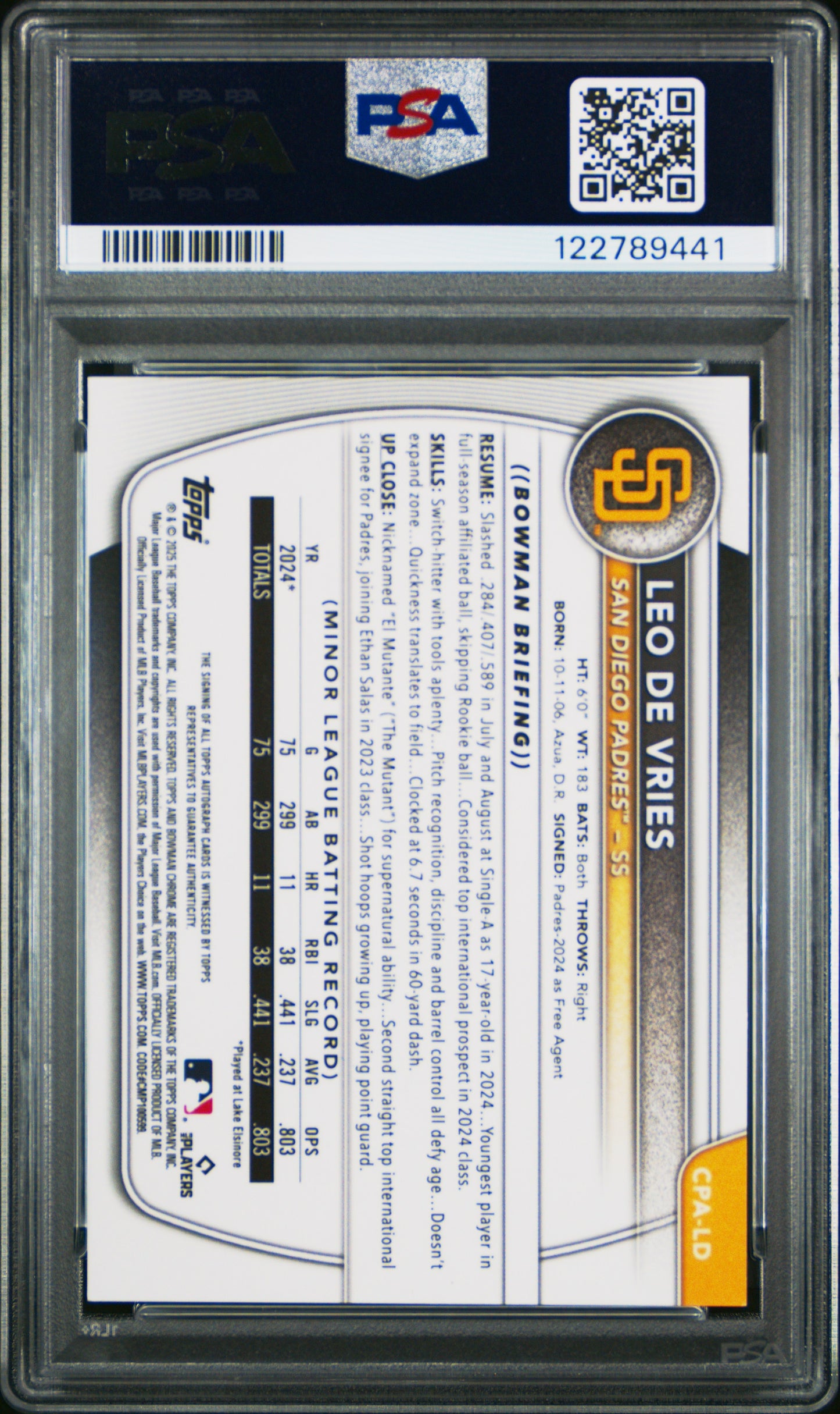 Leo De Vries 2025 Bowman Chrome Green Refractor Auto #64/99 PSA 10 Gem Mint