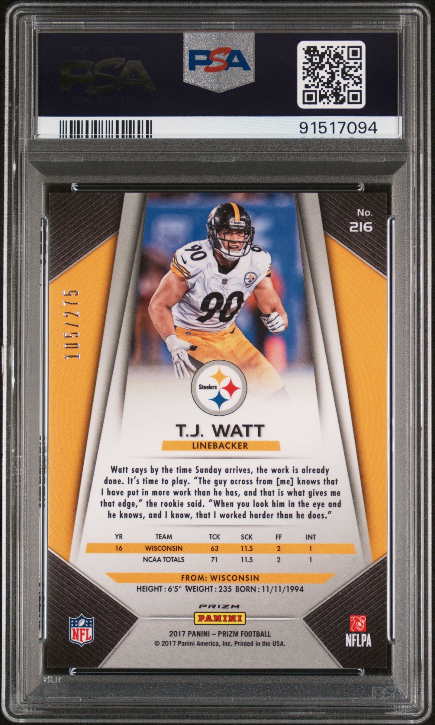 T.J. Watt 2017 PAnini Prizm Rookie #216 Orange Prizm #105/275 PSA 9 Mint