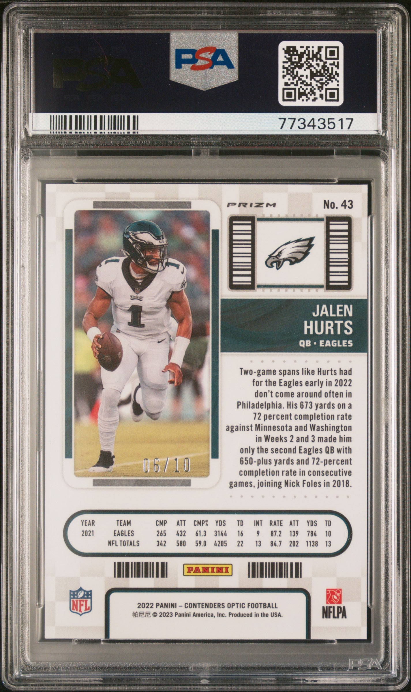 Jalen Hurts 2022 Panini Contenders Optic Gold #6/10 PSA 9 Mint