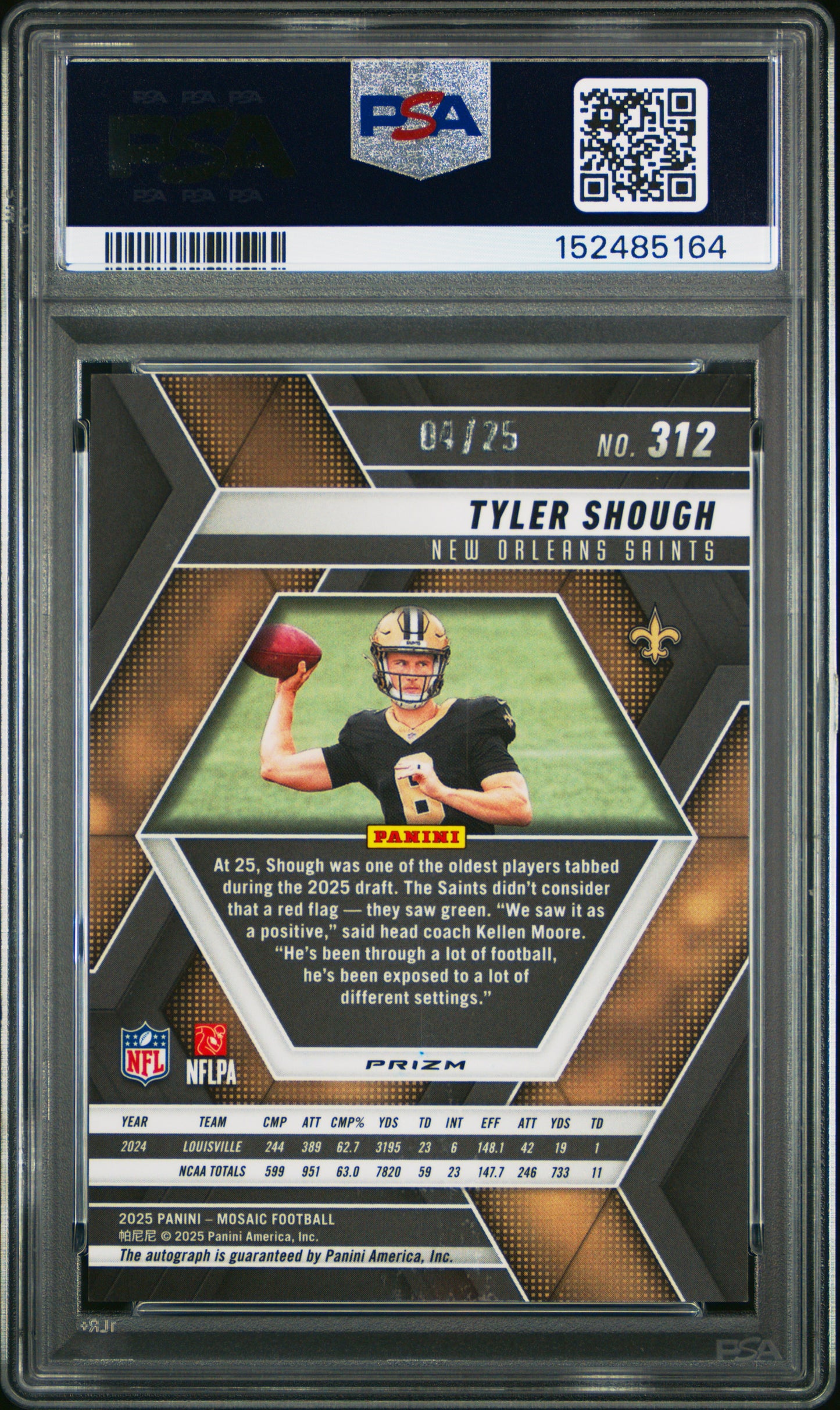 Tyler Shough 2025 Mosaic White Auto #4/25 PSA 9 Mint