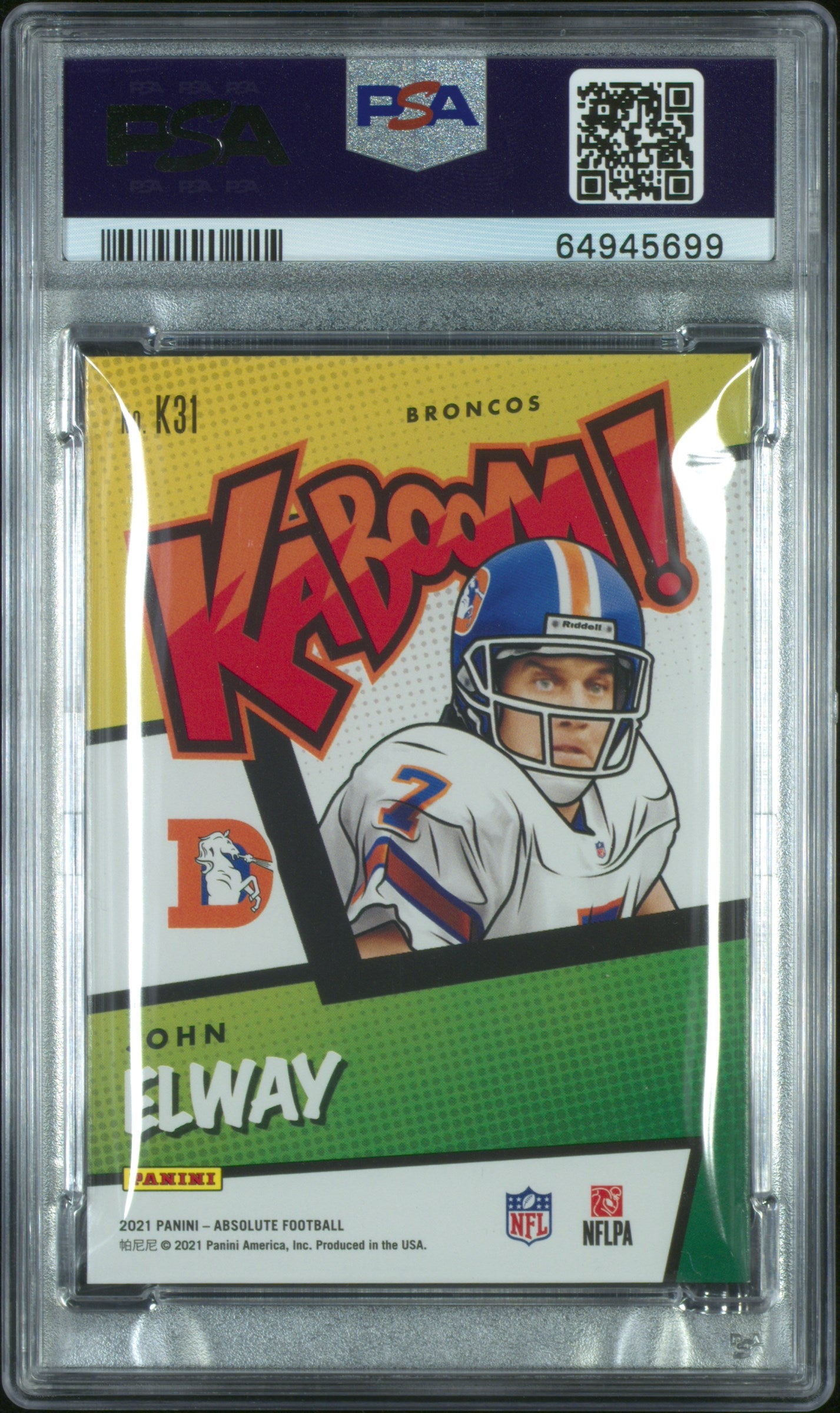 John Elway 2021 Panini Absolute Kaboom #K31 PSA 9 Mint