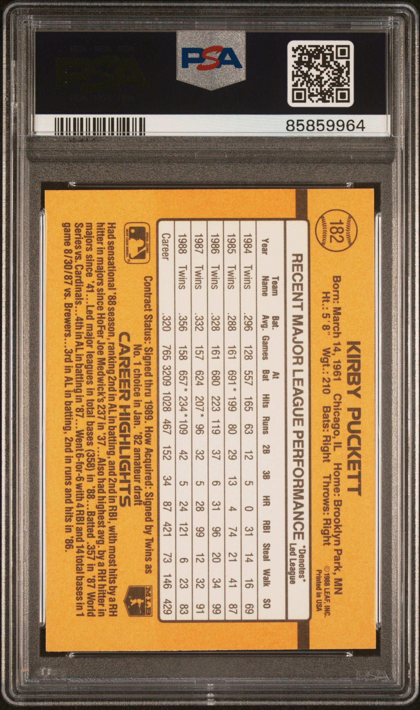 Kirby Puckett 1989 Donruss #182 Autograph PSA Authentic