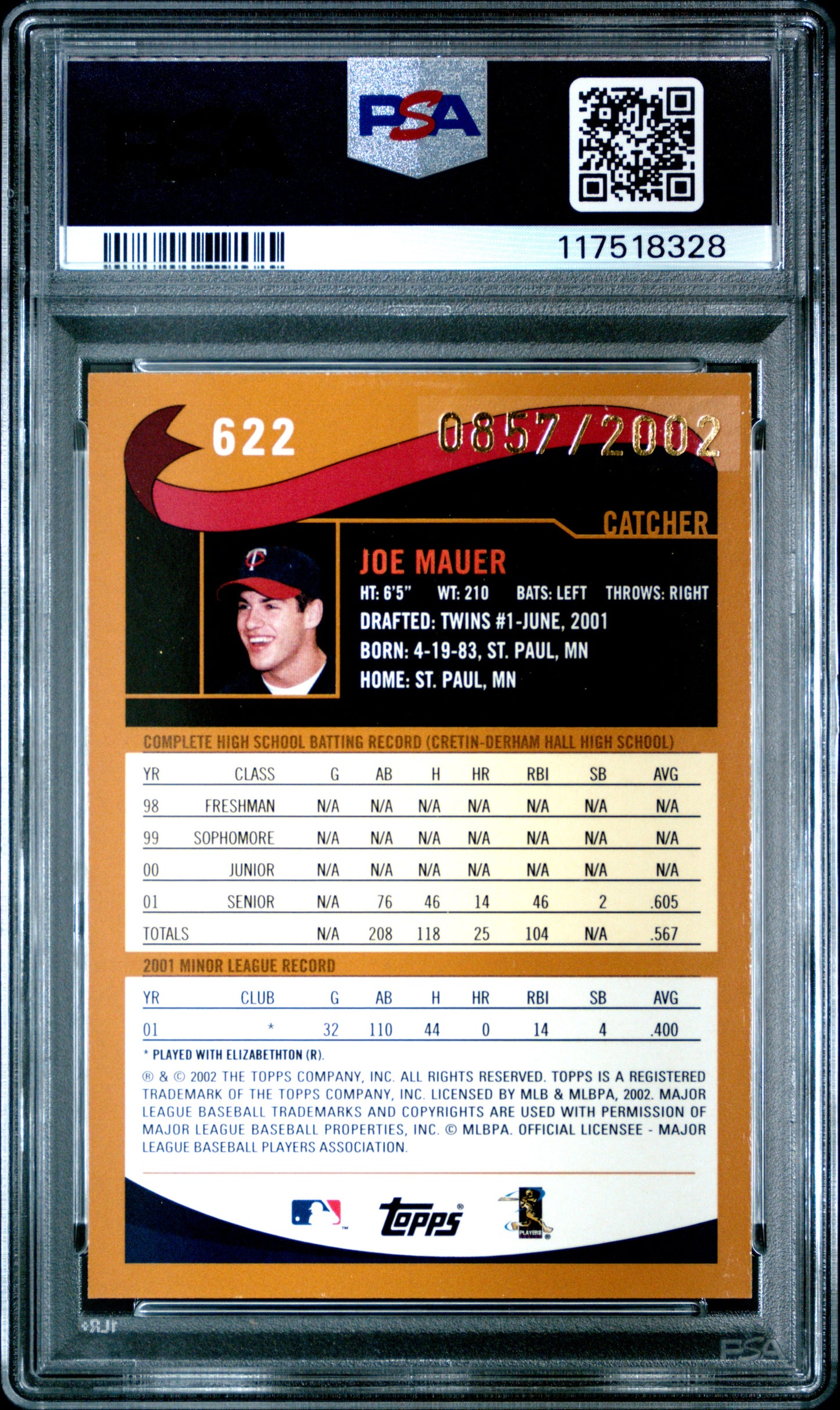 Joe Mauer 2002 Topps Rookie #622 Gold #857/2002 PSA 9 Mint