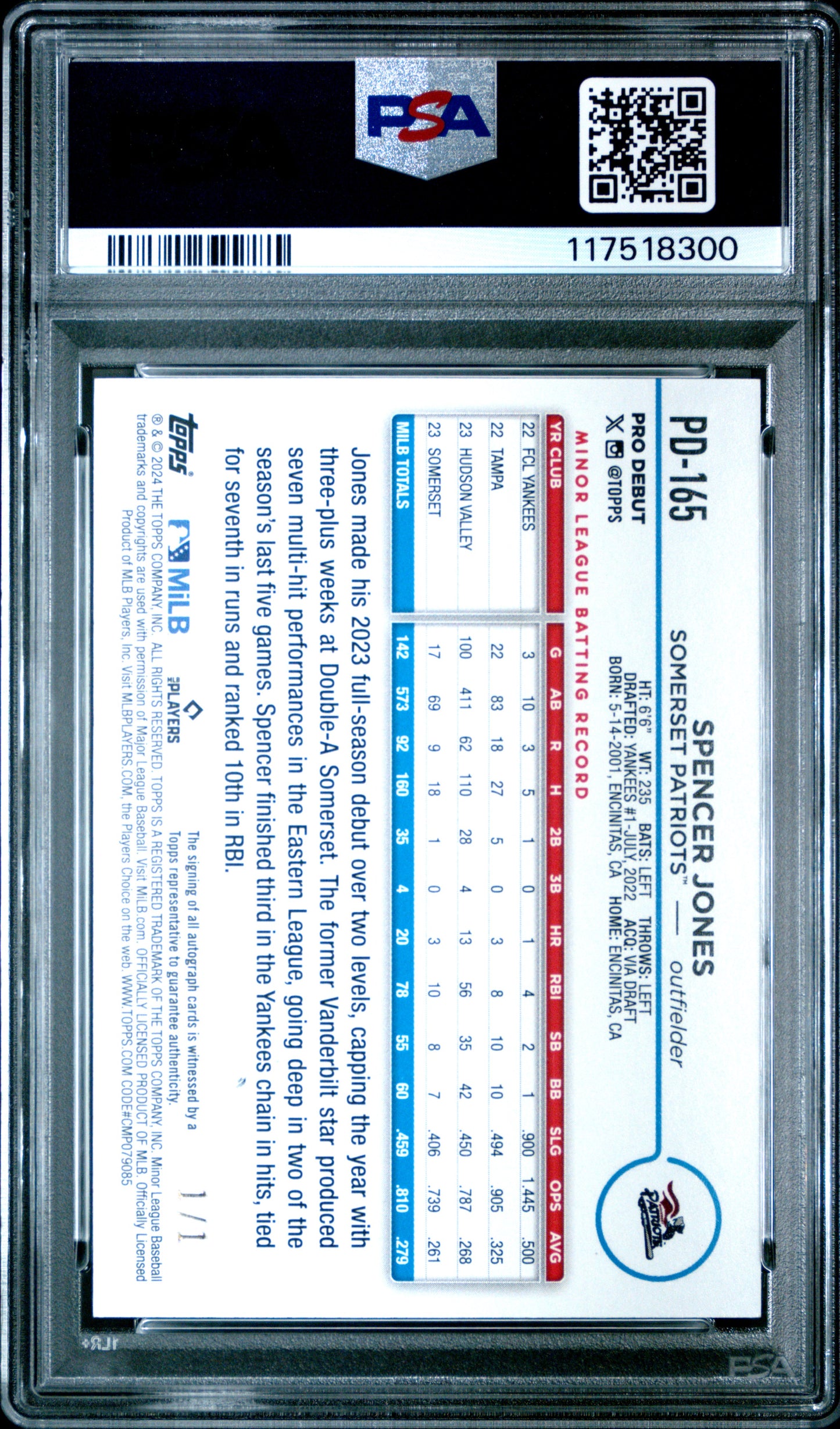 Spencer Jones 2024 Topps Pro Debut Foilfractor Auto #1/1 PSA 10 Gem Mint