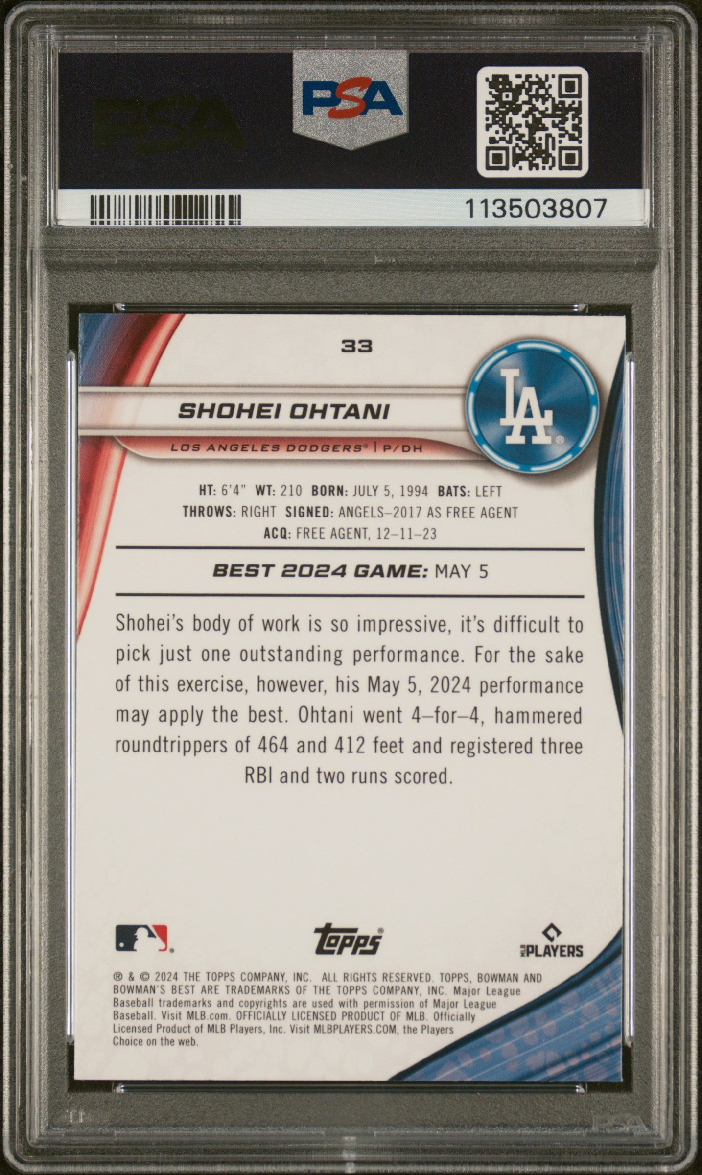 Shohei Ohtani 2024 Bowmans Best Blue X-Fractor #125/150 PSA 10 Gem Mint