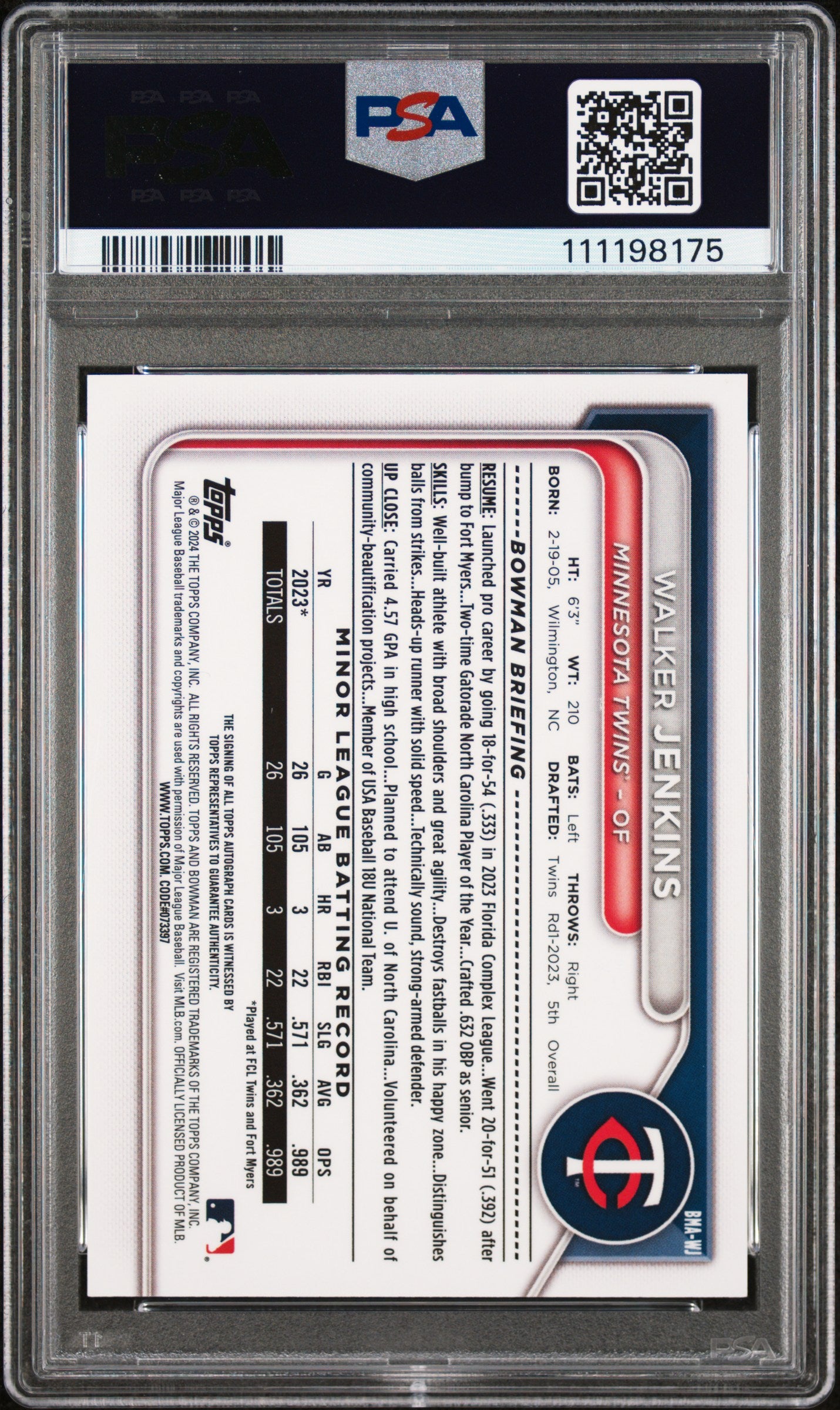Walker Jenkins 2024 Bowman Chrome Mega Box Auto PSA 10 Auto 10