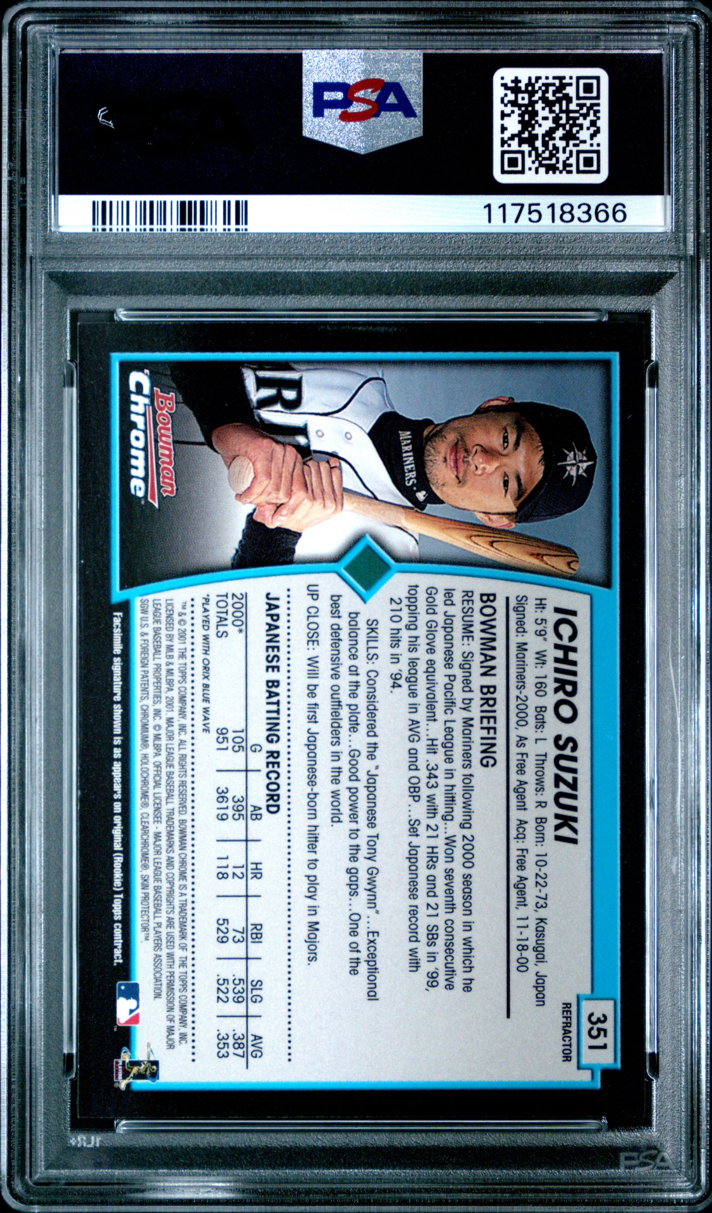 Ichiro Suzuki 2001 Bowman Chrome #351 Rookie Refractor PSA 8 Nm-Mint