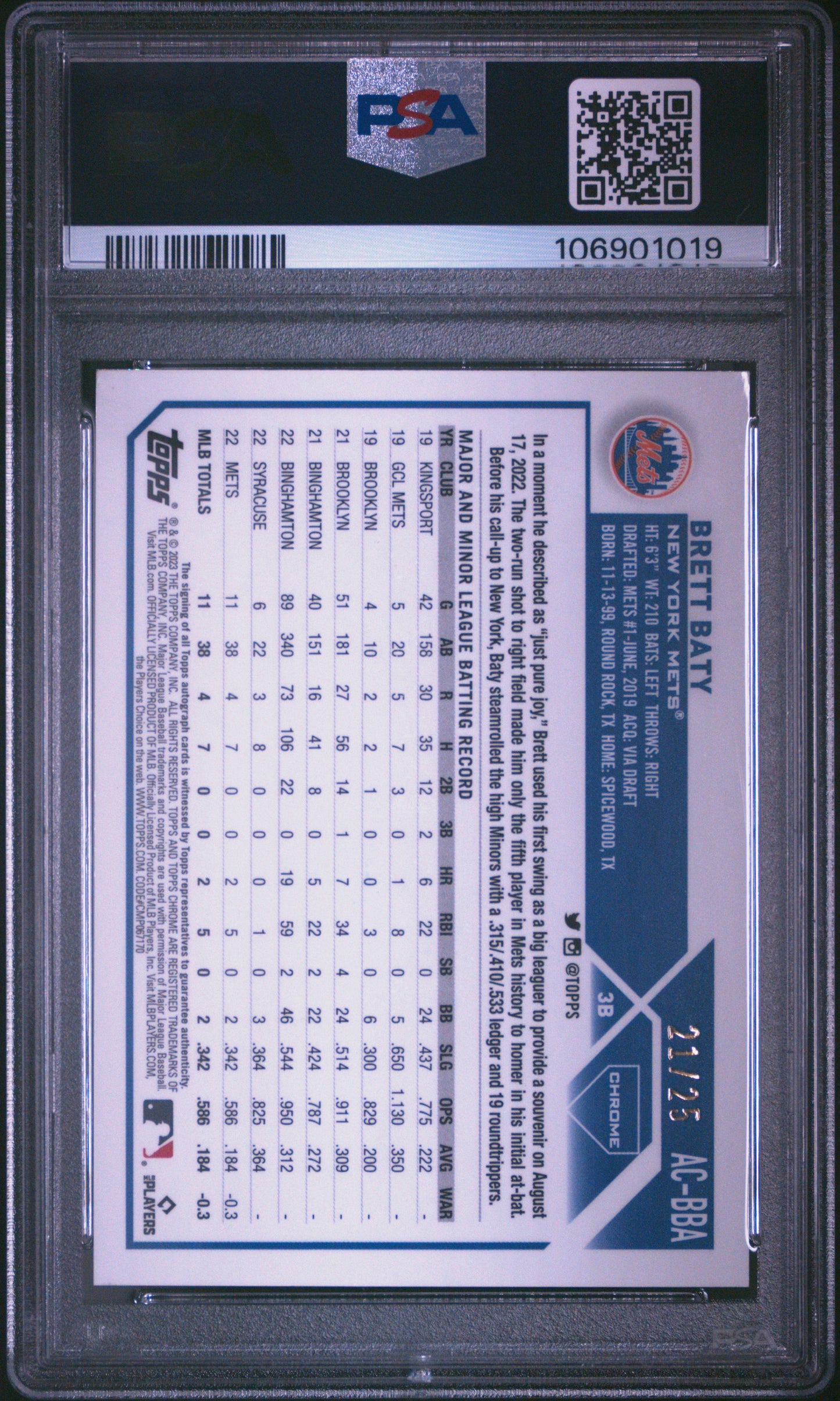 Brett Baty 2023 Topps Chrome Update Orange Wave Auto #21/25 PSA 9 Mint