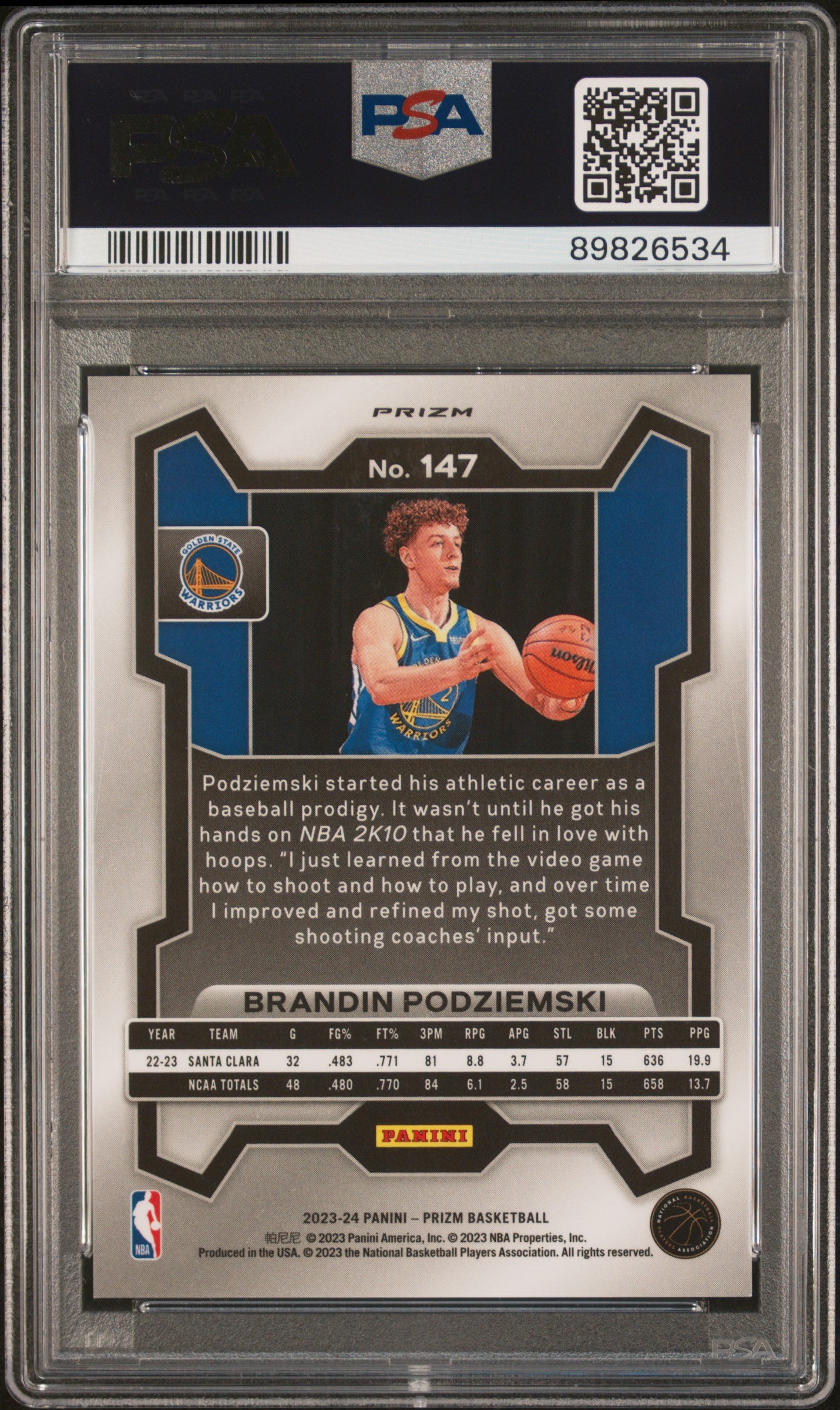 Brandin Podziemski 2023 Panini Prizm Tiger Stripe Rookie #147 PSA 9 Mint