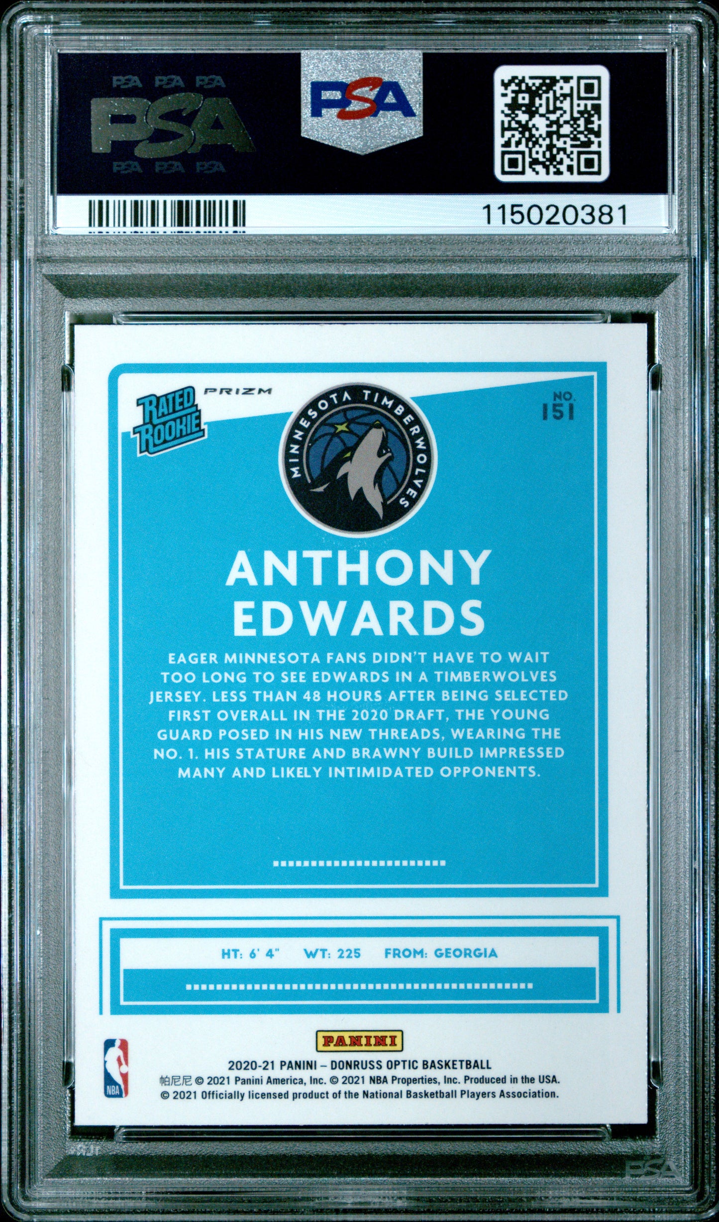 Anthony Edwards 2020 Donruss Optic Rookie #151 Holo PSA 10 Gem Mint 0381