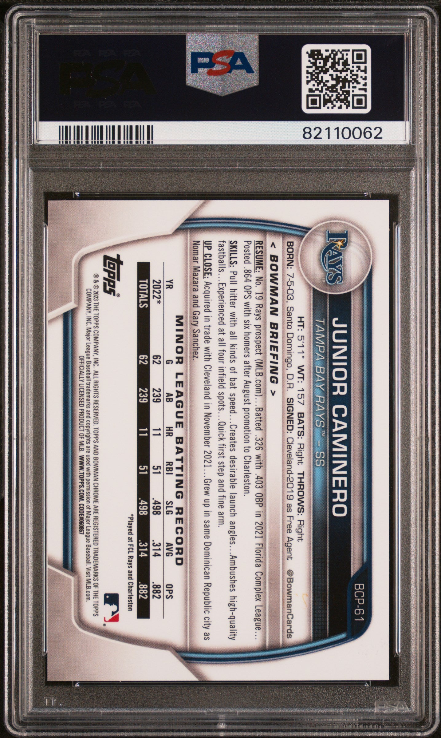 Junior Caminero 2023 Bowman Mega Box Purple Refractor #142/250 PSA 10 Gem Mint