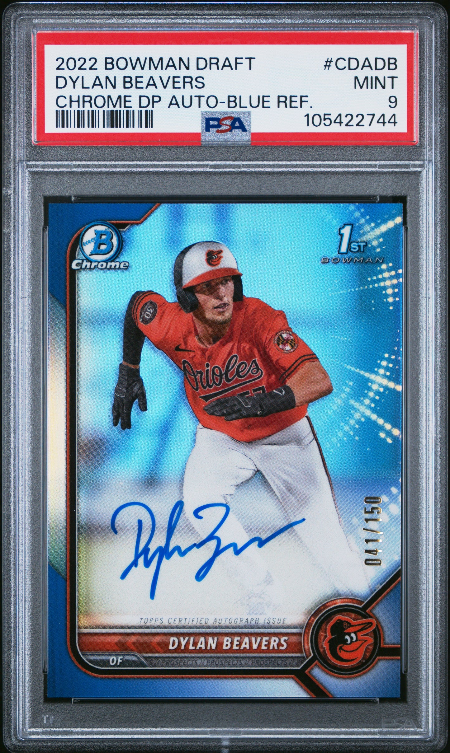 Dylan Beavers 2022 Bowman Draft Chrome Auto Blue Refractor #41/150 PSA 9 Mint