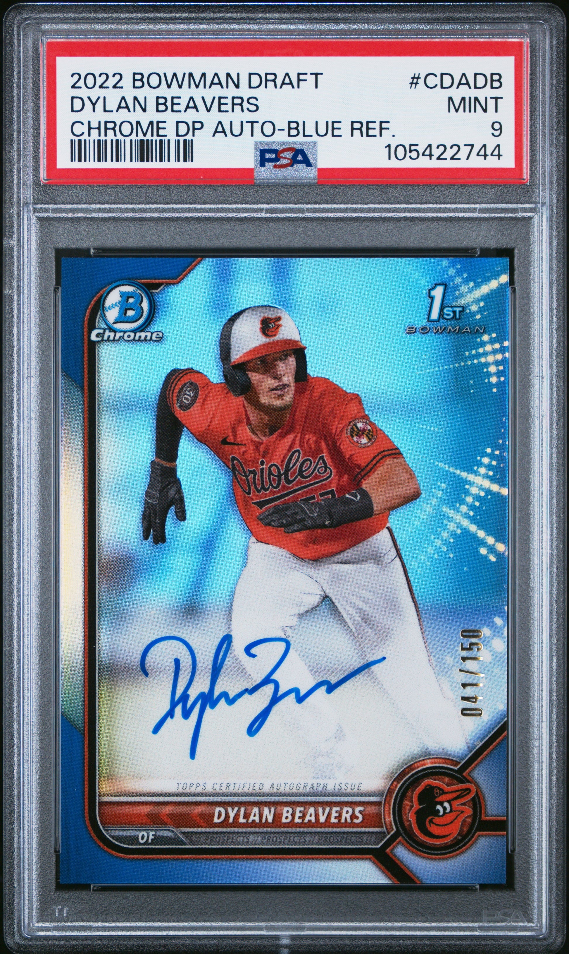 Dylan Beavers 2022 Bowman Draft Chrome Auto Blue Refractor #41/150 PSA 9 Mint