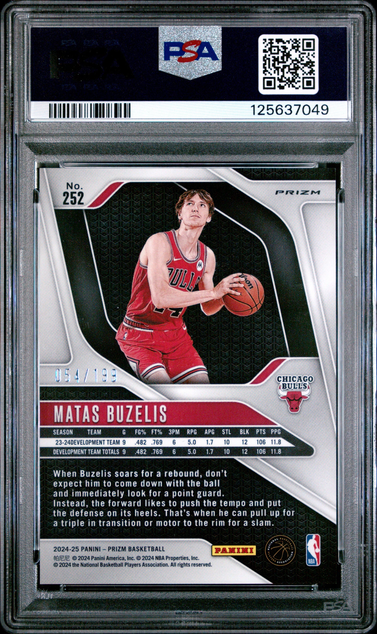 Matas Buzelis 2024 Panini Prizm Rookie #252 Blue Prizm #54/199 PSA 10 Gem Mint